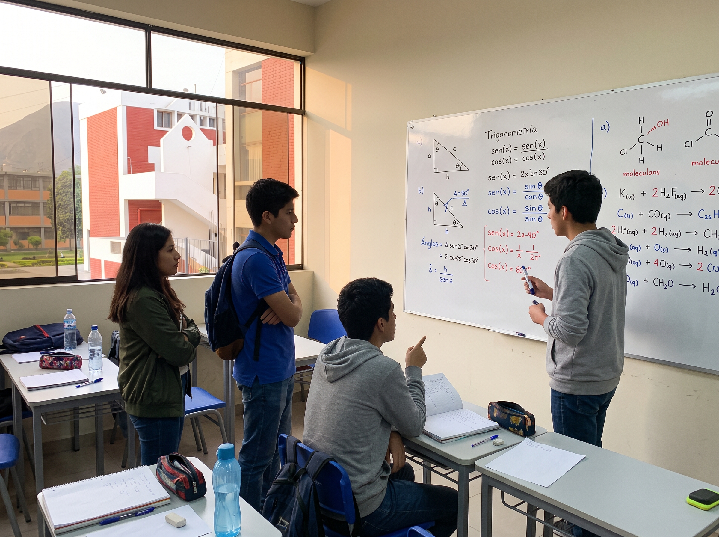 Tres estudiantes repasando juntos frente a una pizarra con fórmulas