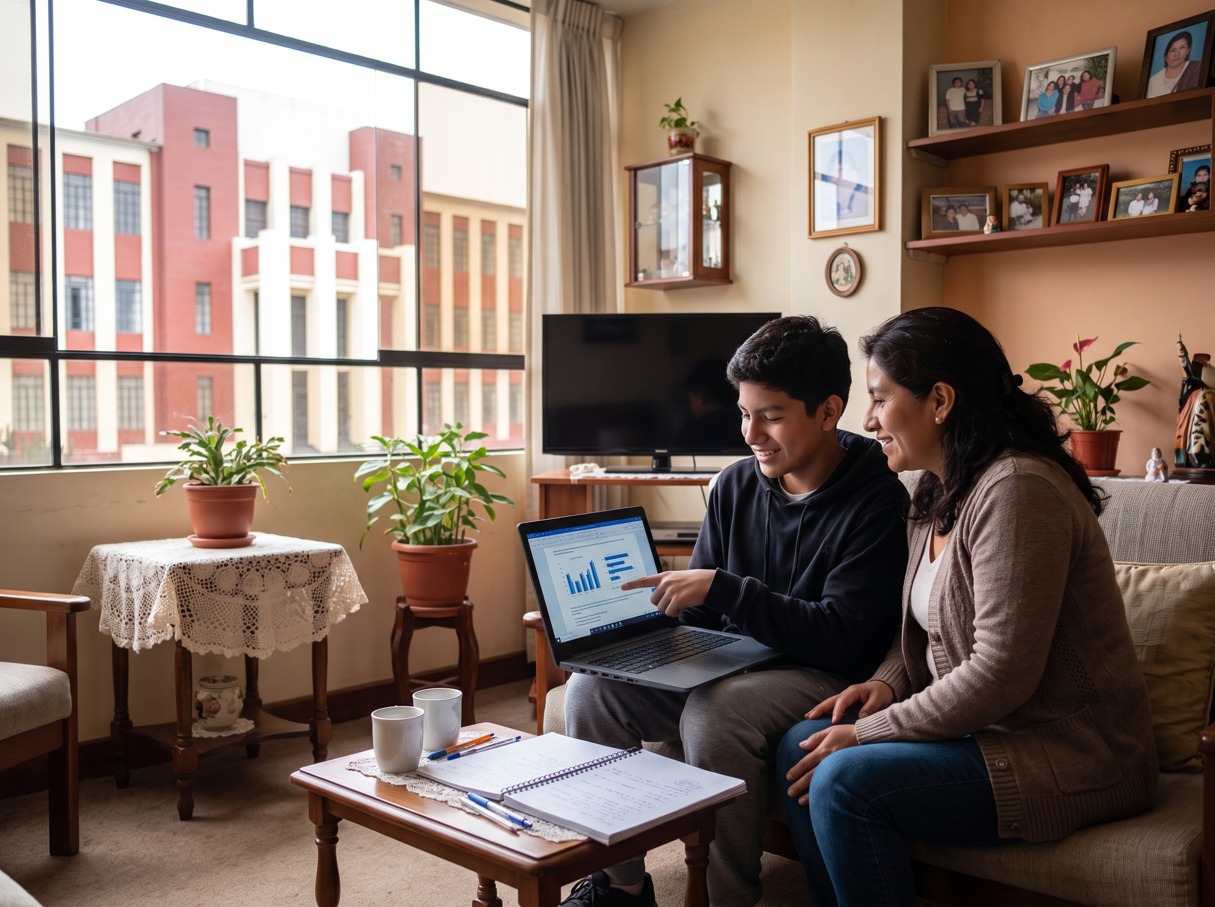 Madre e hijo revisando juntos en una laptop el avance de su preparación