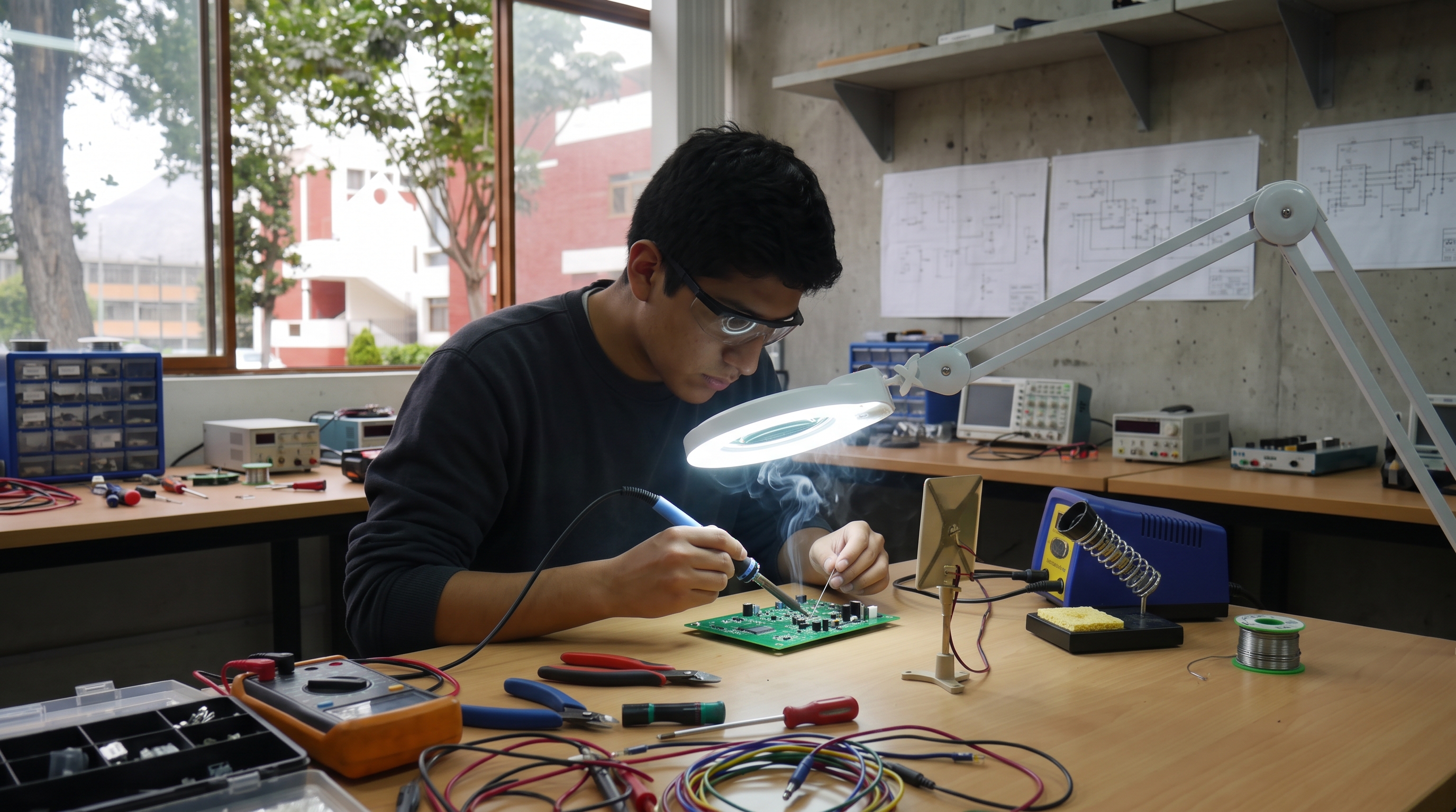 Estudiante soldando una placa de circuitos junto a una antena de comunicaciones