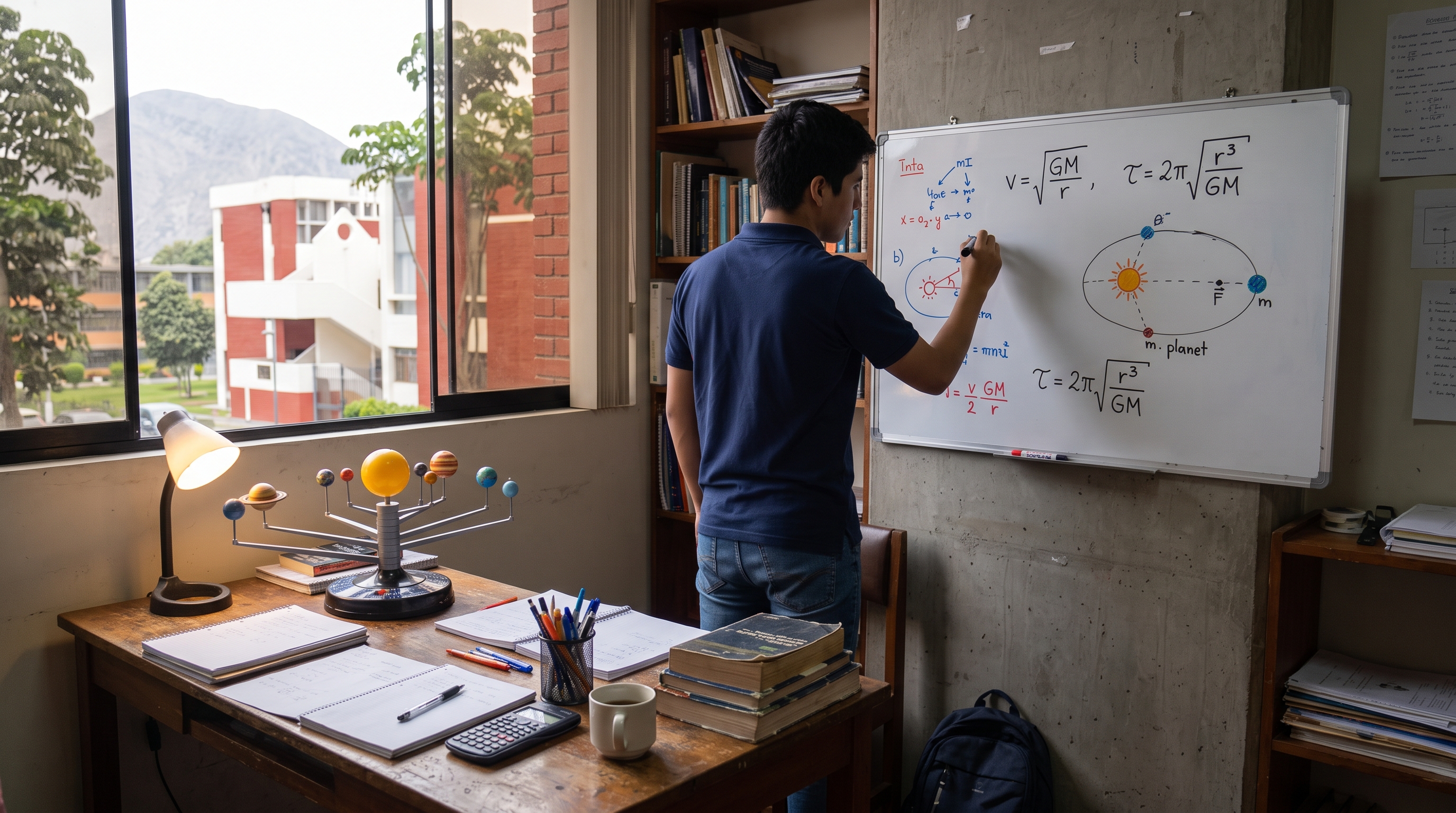 Estudiante escribiendo ecuaciones de órbitas en una pizarra