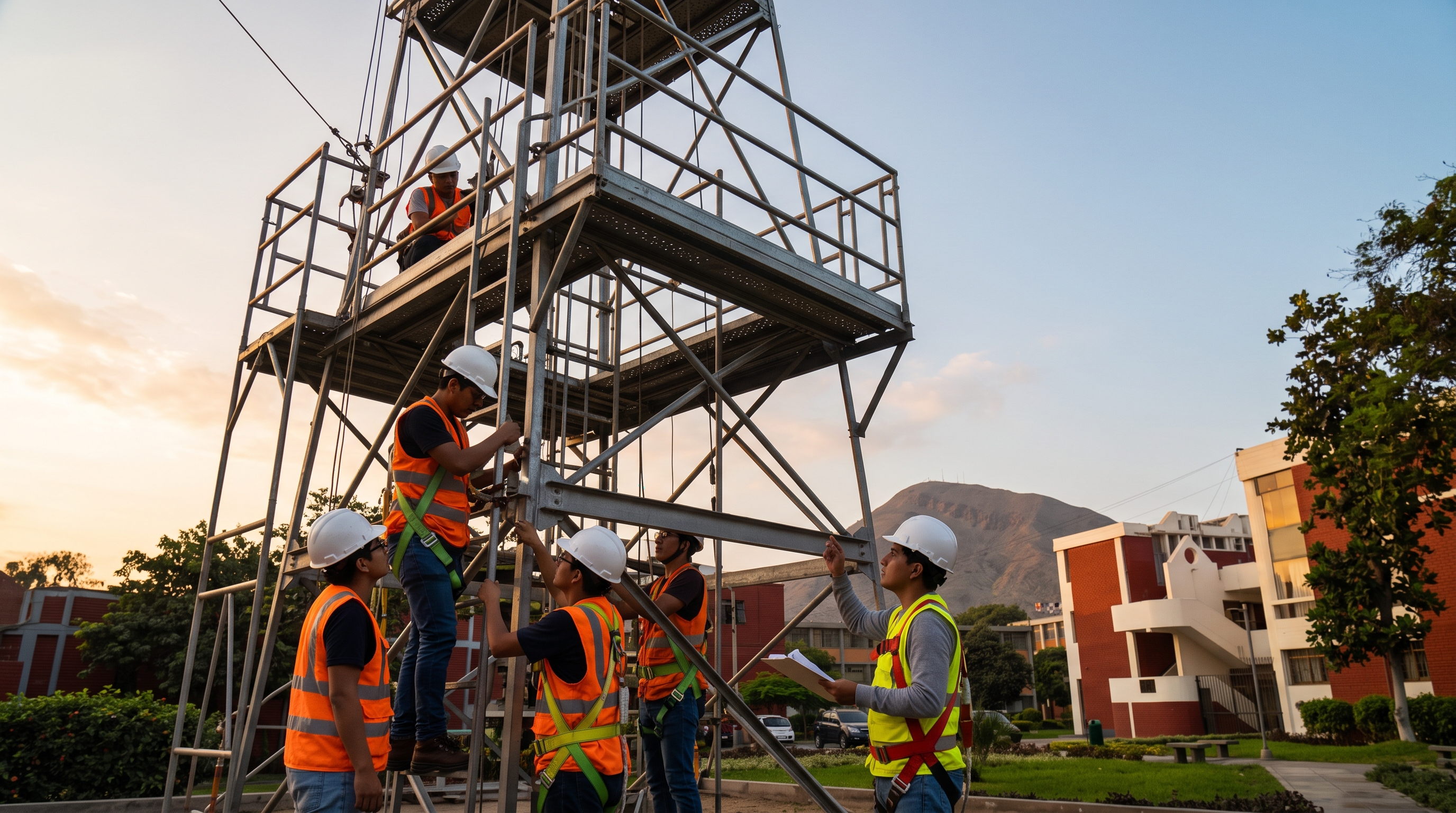 Torre metálica de lanzamiento vista desde abajo con ingenieros revisándola