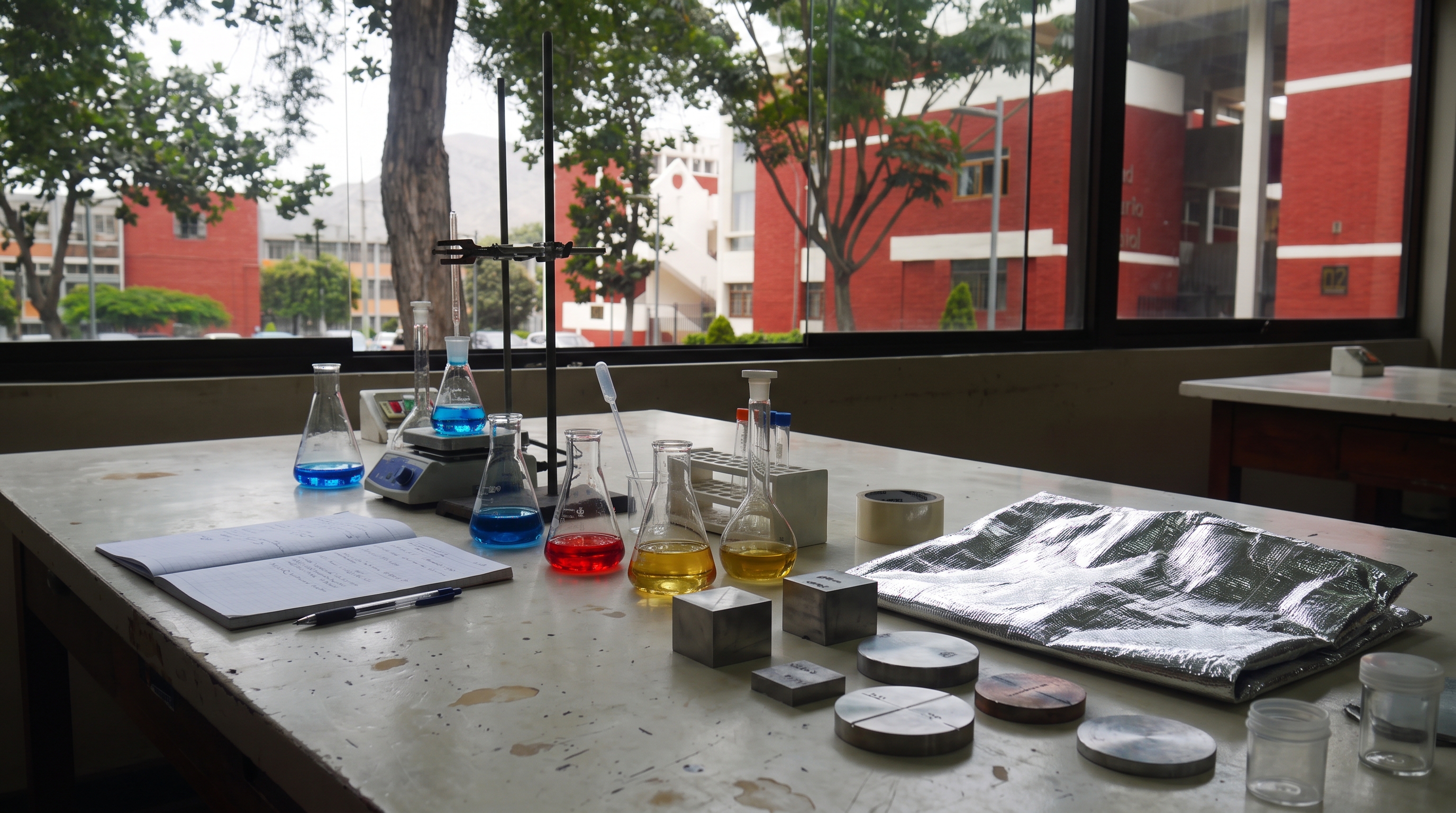 Laboratorio con matraces, muestras metálicas y tela técnica plateada