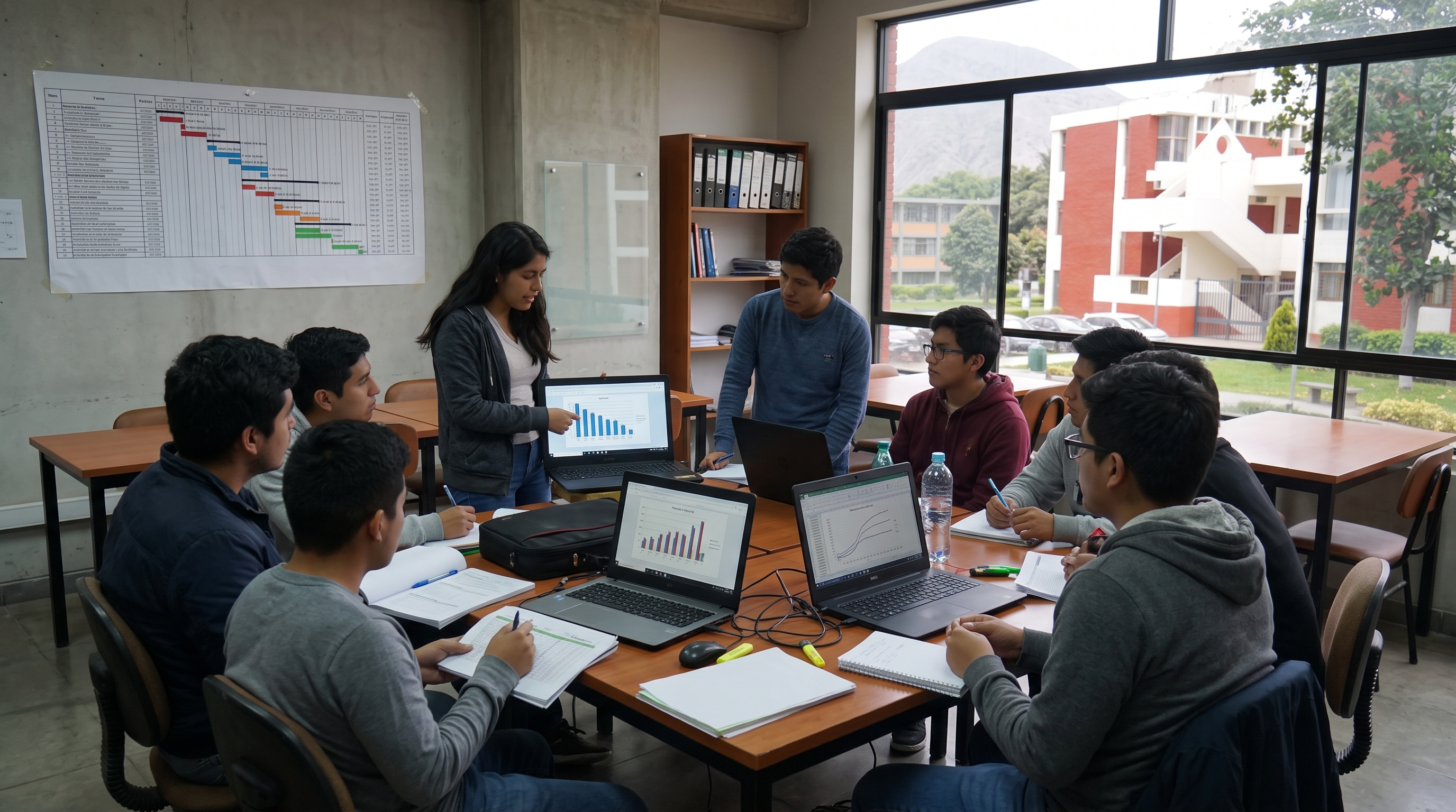 Equipo de jóvenes revisando gráficos de plazos y costos de un proyecto