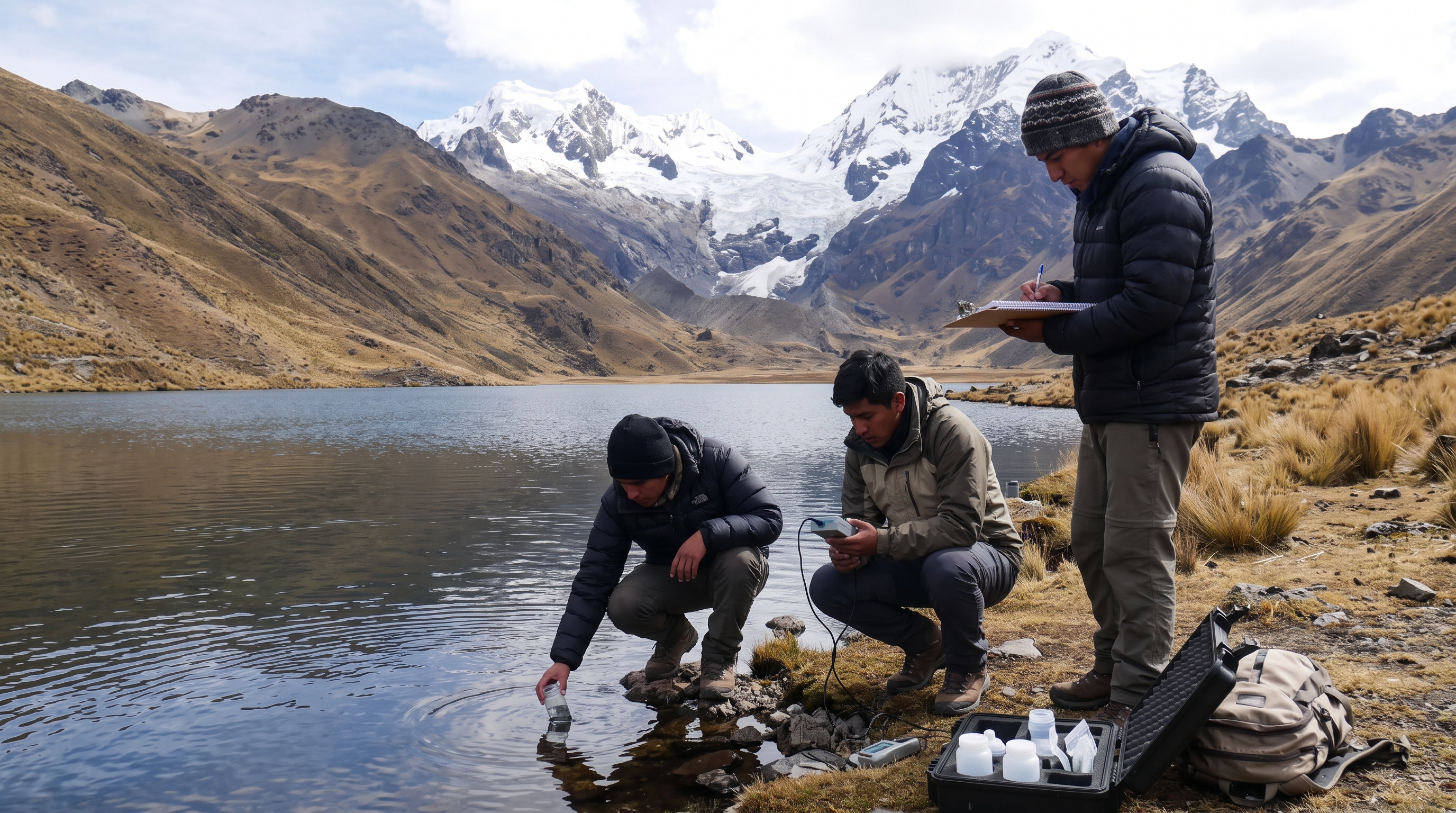Estudiantes tomando muestras de agua en una laguna altoandina