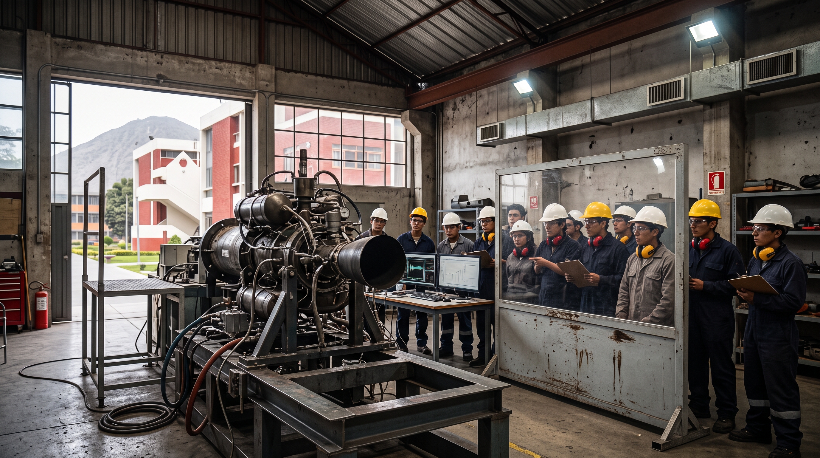 Motor de cohete en un banco de pruebas con ingenieros observando