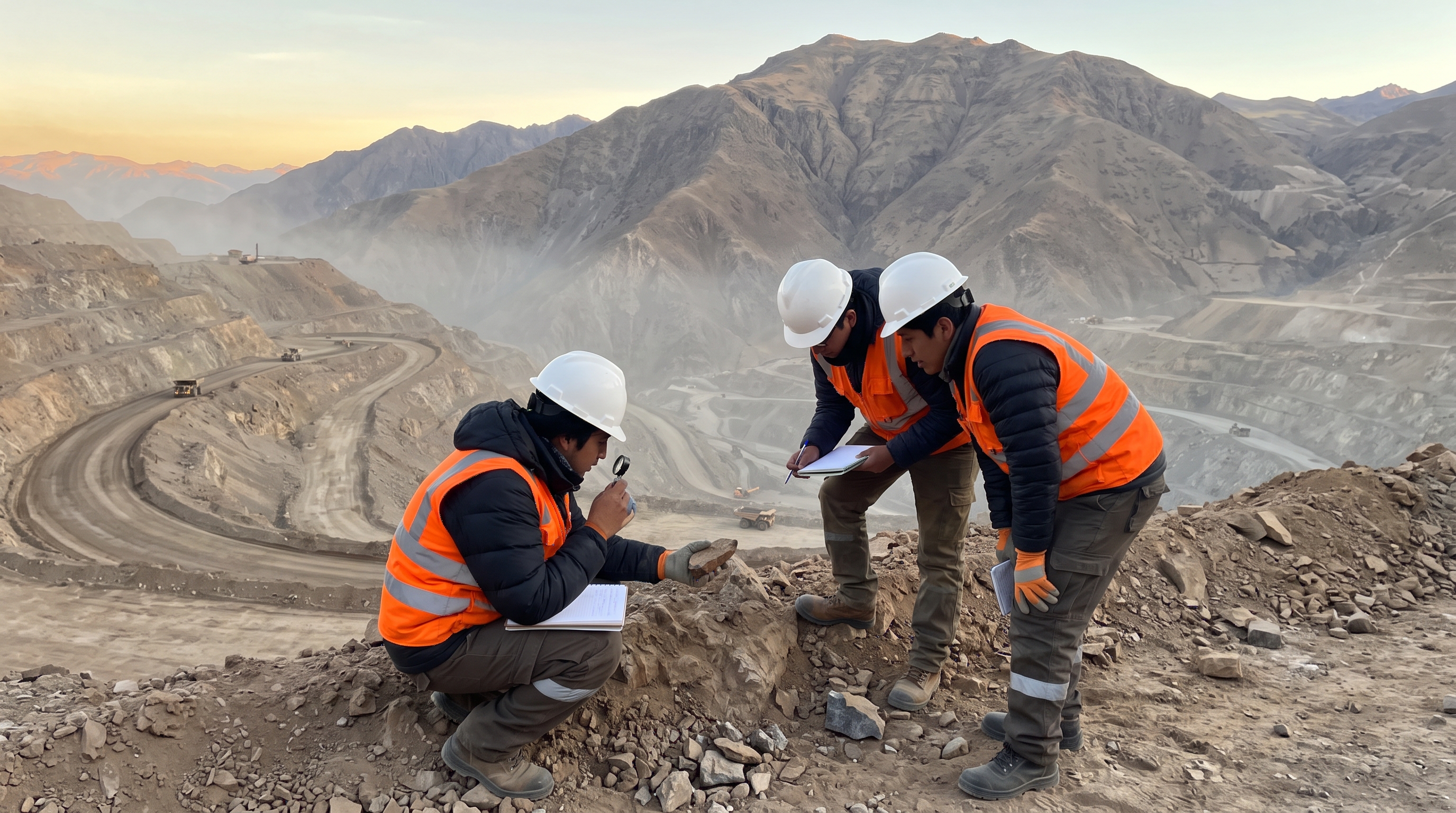 Ingenieros con casco analizando una roca en una mina de los Andes