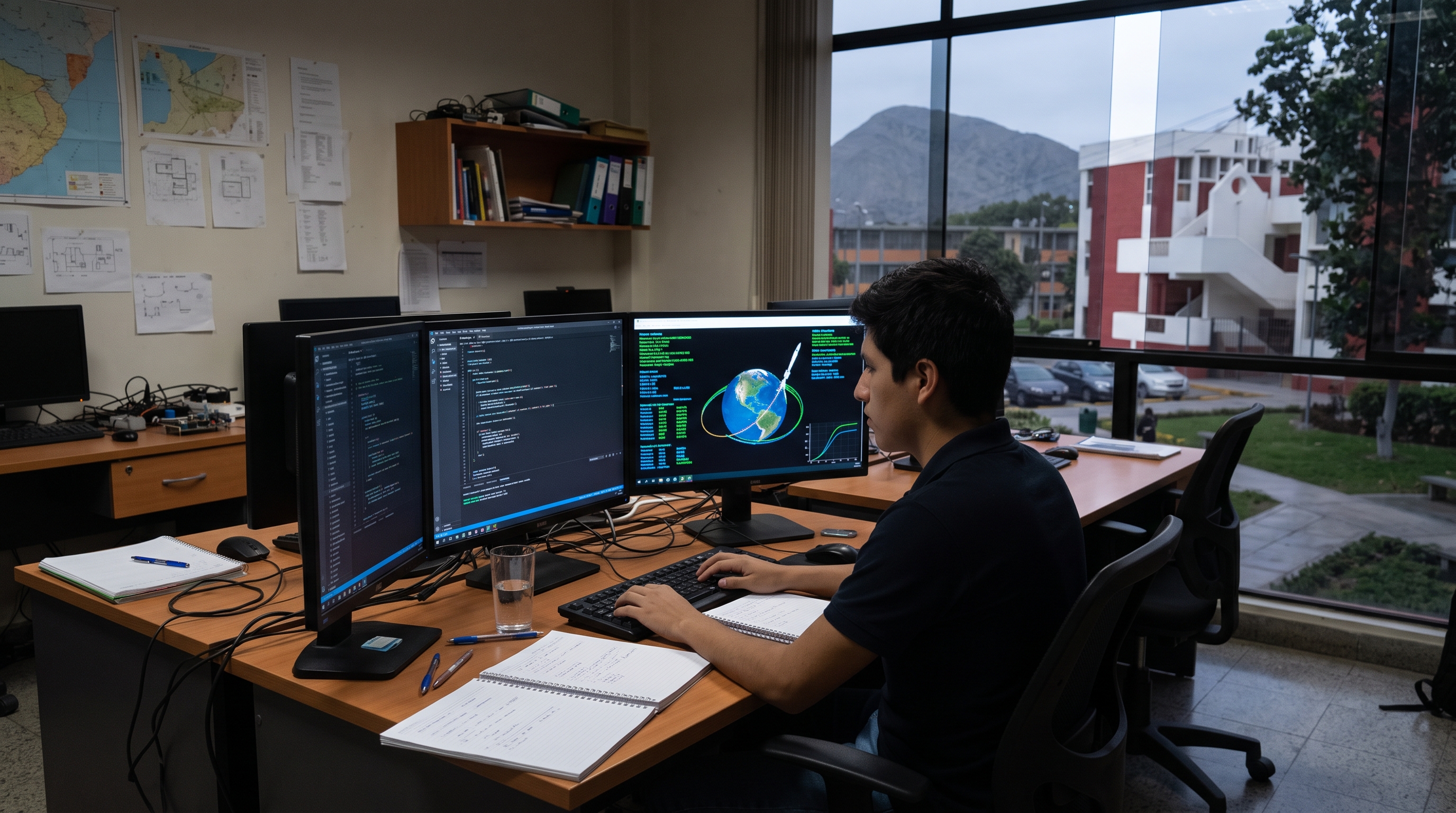 Joven programando frente a pantallas con código y la simulación de una trayectoria