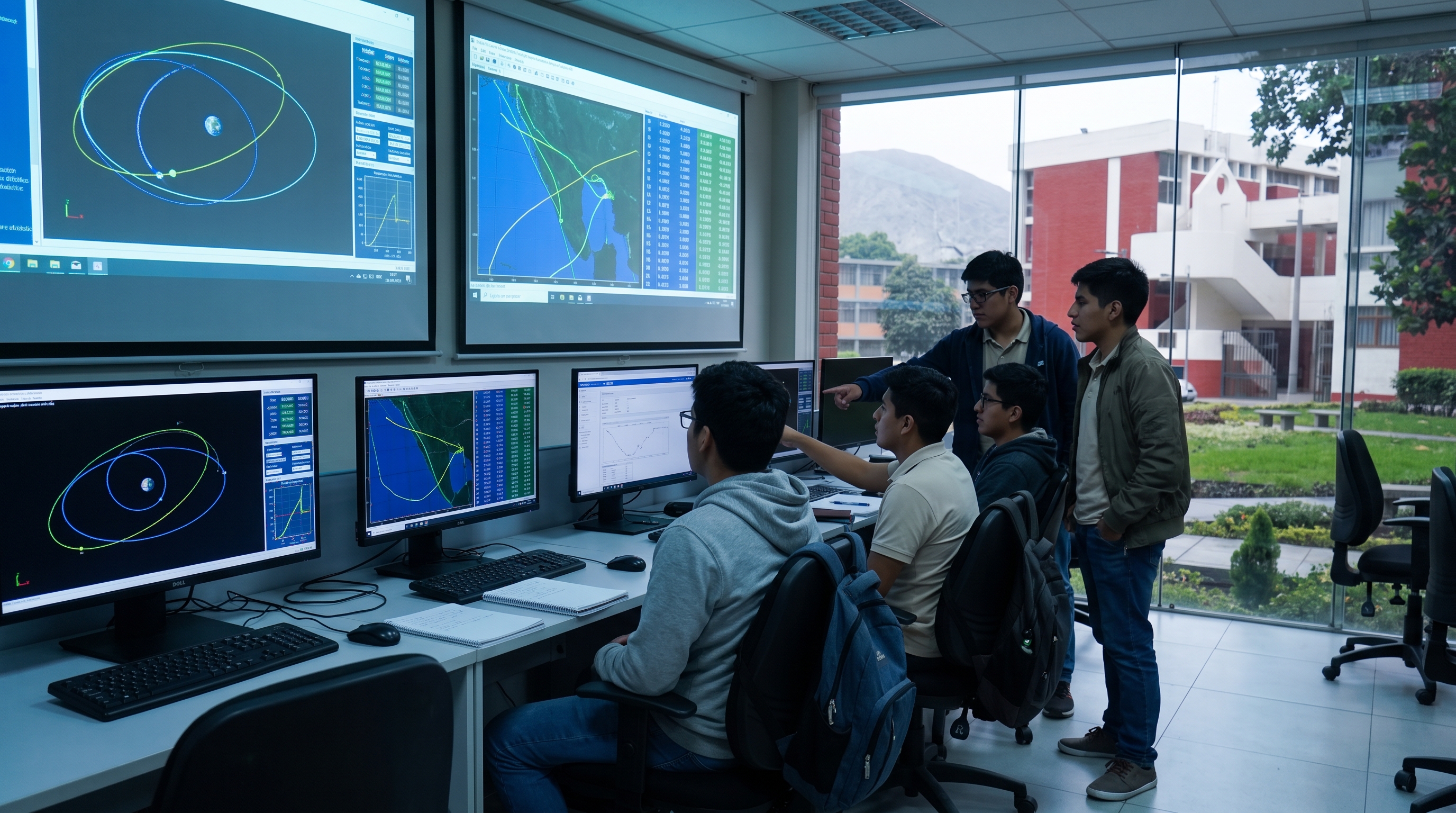 Jóvenes ingenieros en una sala de control de misión frente a pantallas con trayectorias