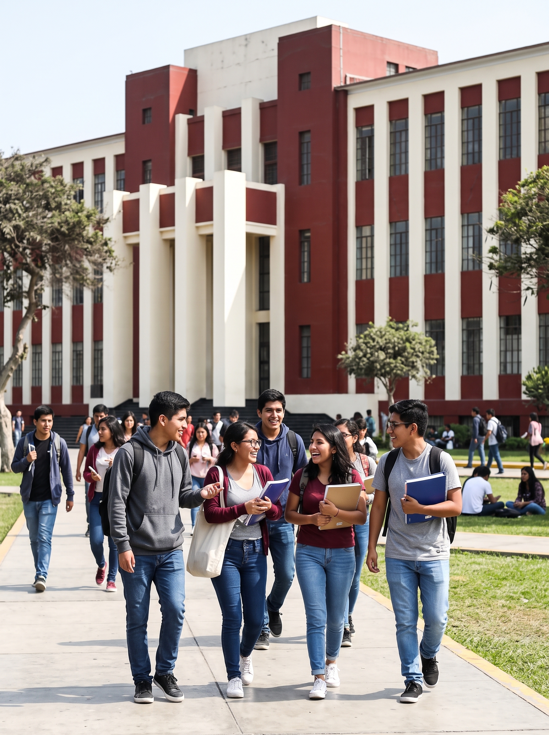 Estudiantes de primer año caminando por un campus universitario de ladrillo rojo
