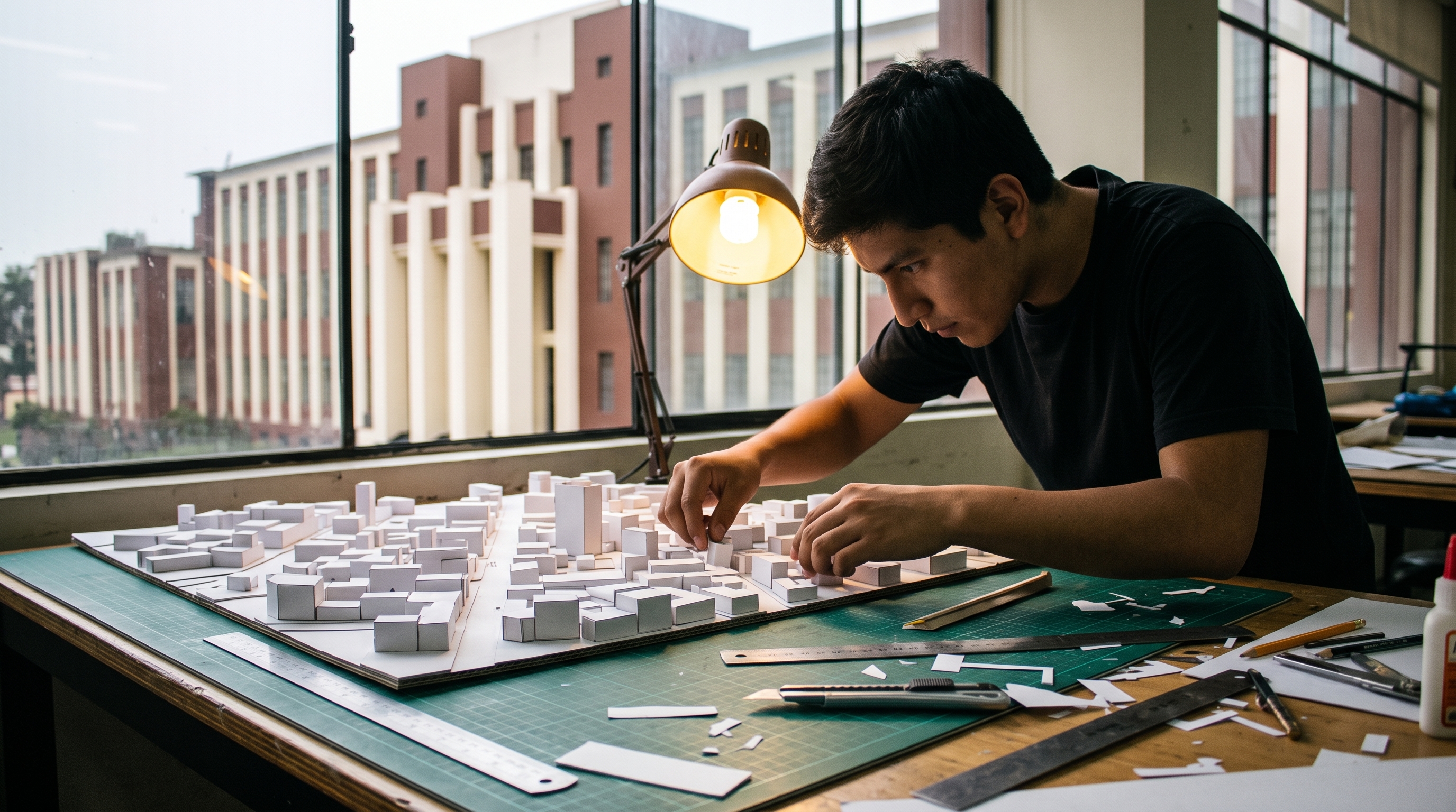 Estudiante de arquitectura ajustando una maqueta blanca de un barrio bajo una lámpara