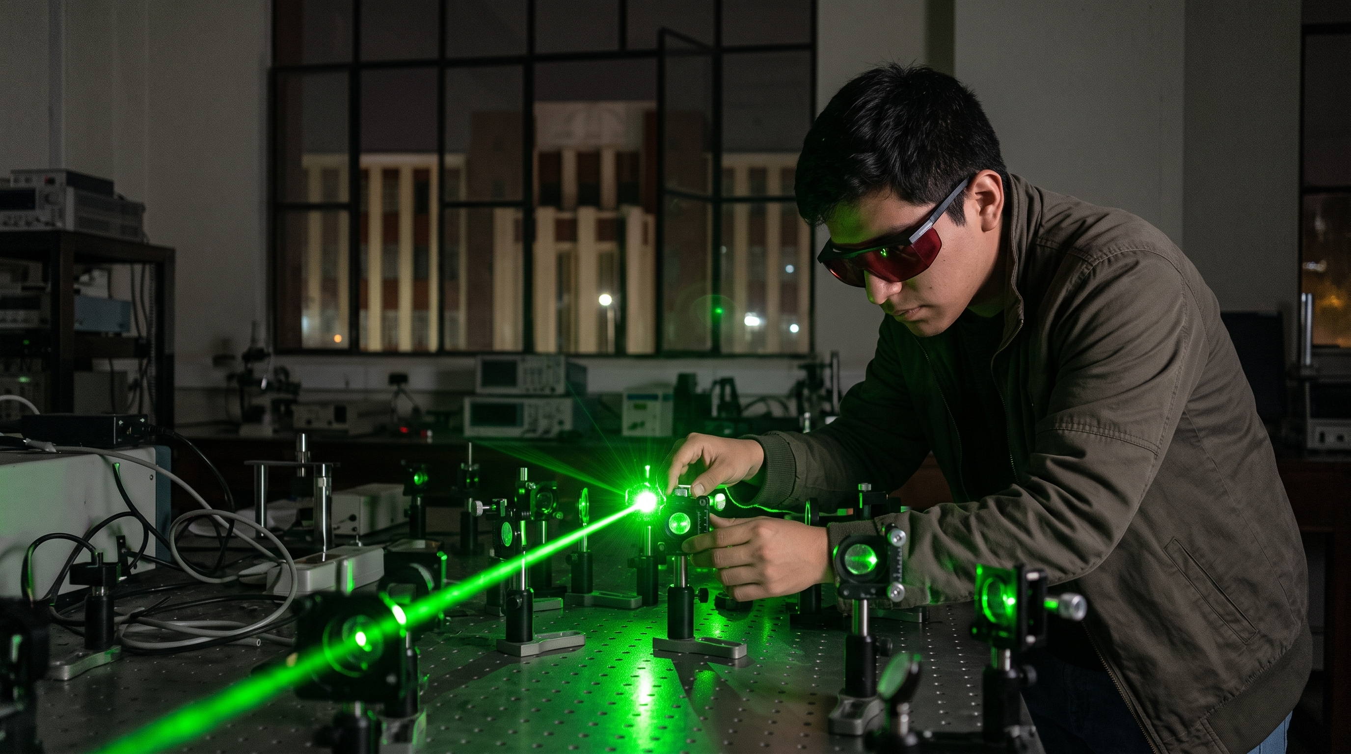 Estudiante alineando un láser sobre una mesa óptica en un laboratorio de física