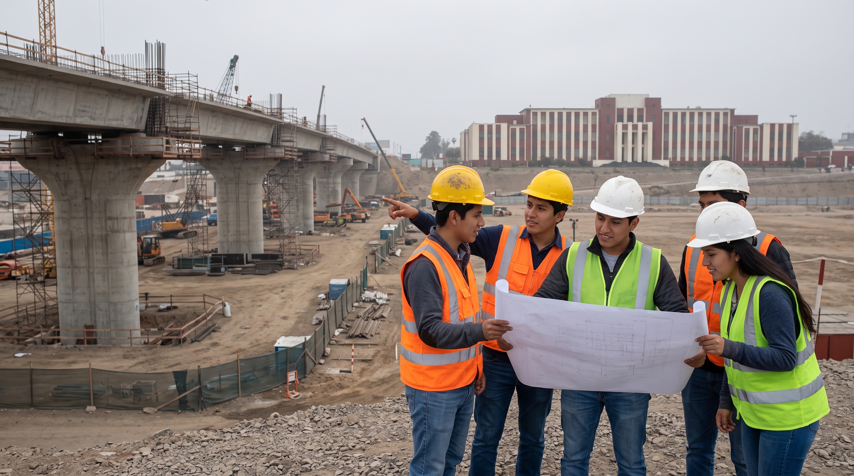 Estudiantes con casco revisando la estructura de un puente en construcción