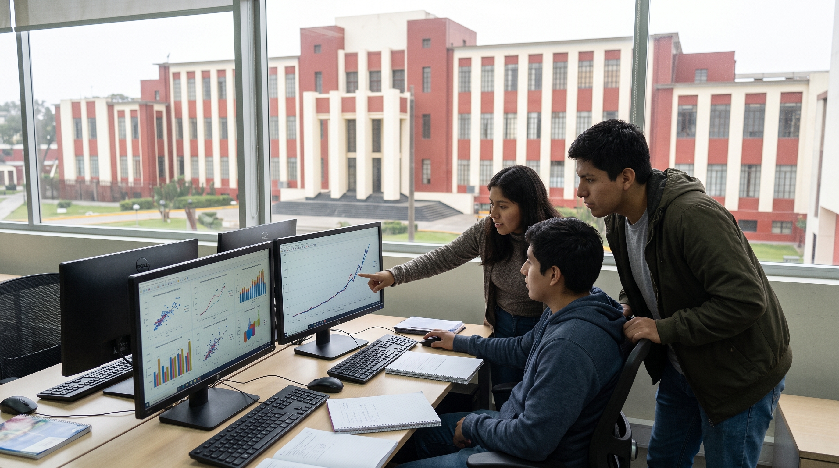 Estudiantes analizando gráficos de datos en varias pantallas