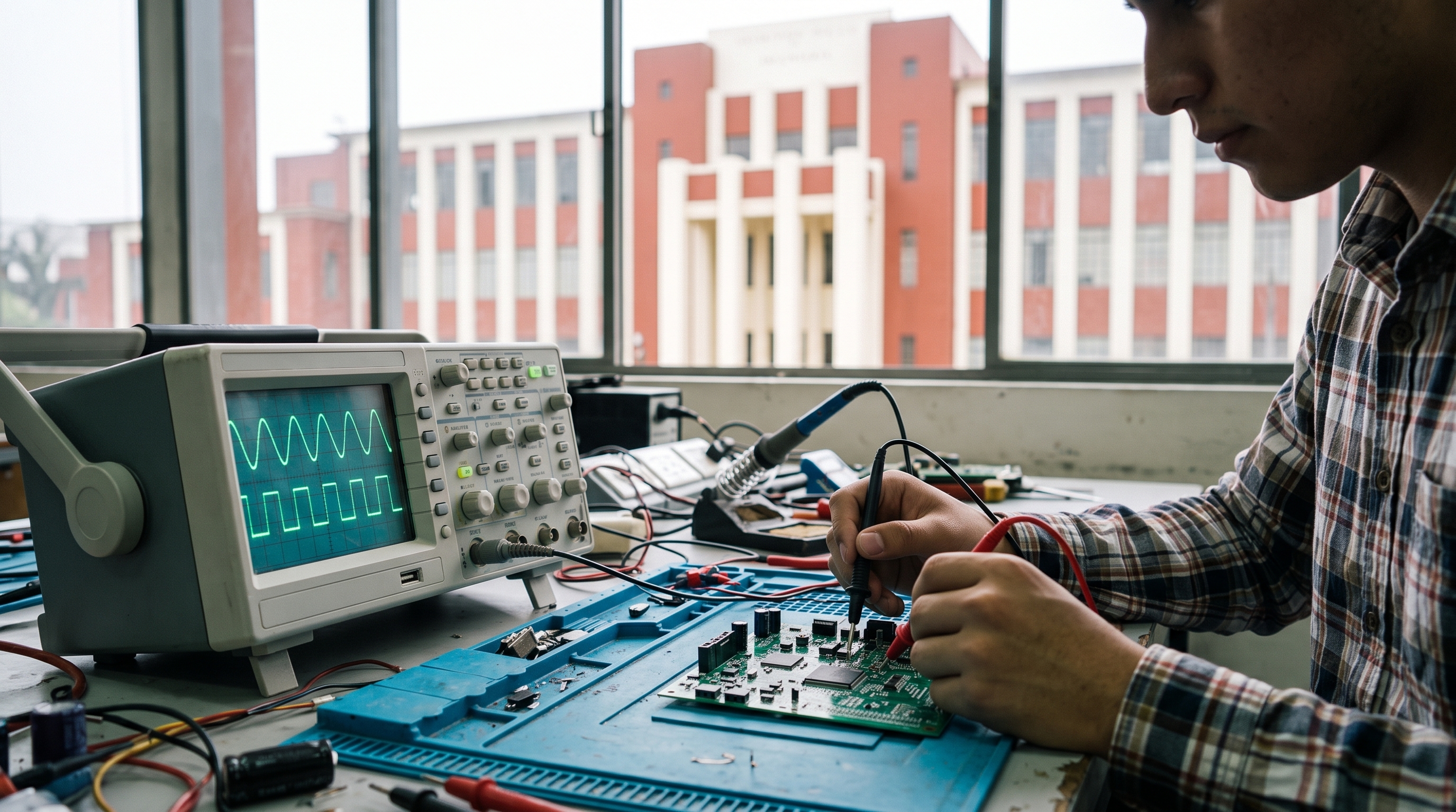 Estudiante midiendo una placa electrónica con un osciloscopio