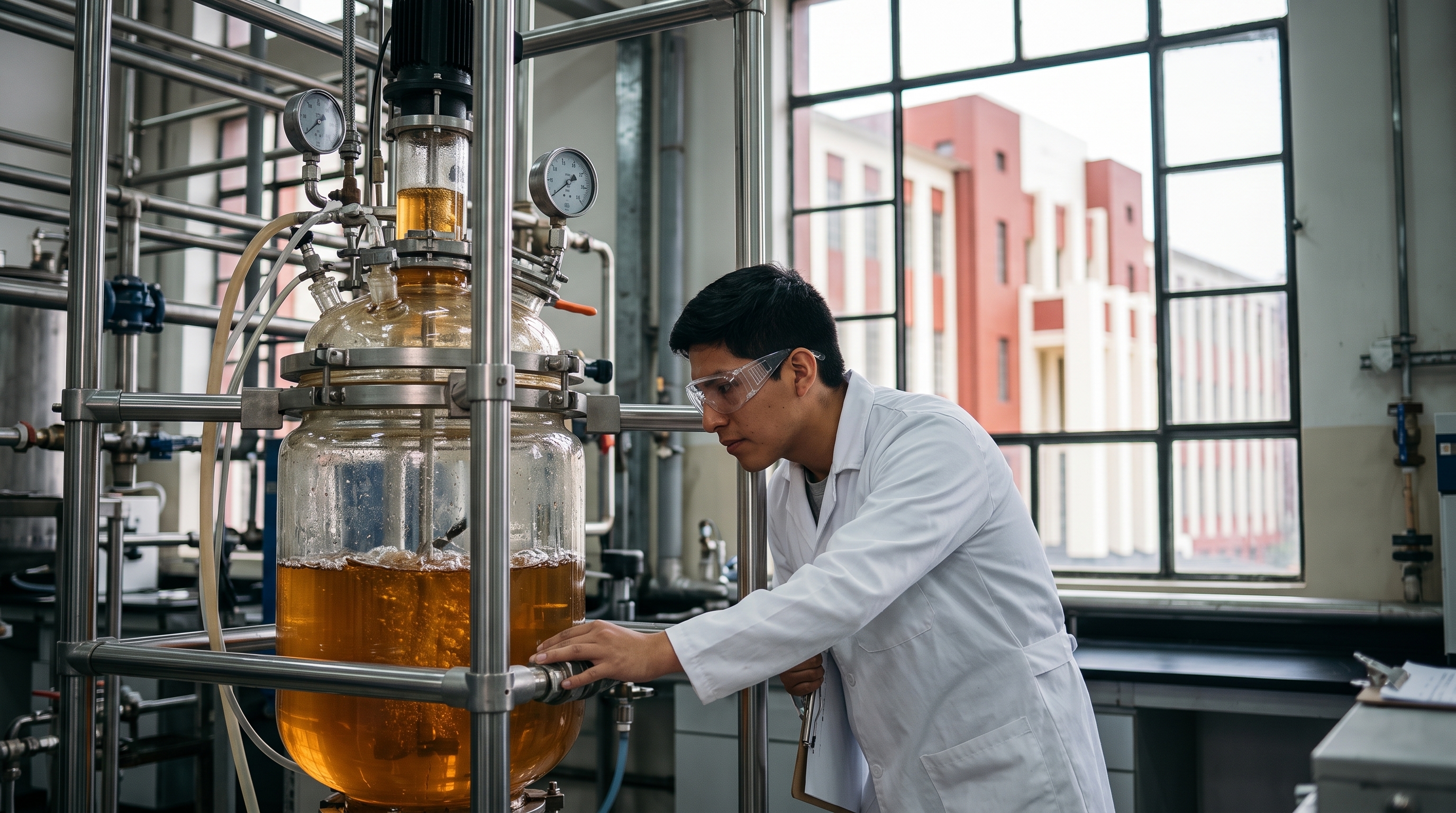 Estudiante con lentes de seguridad observando un reactor de vidrio en una planta piloto