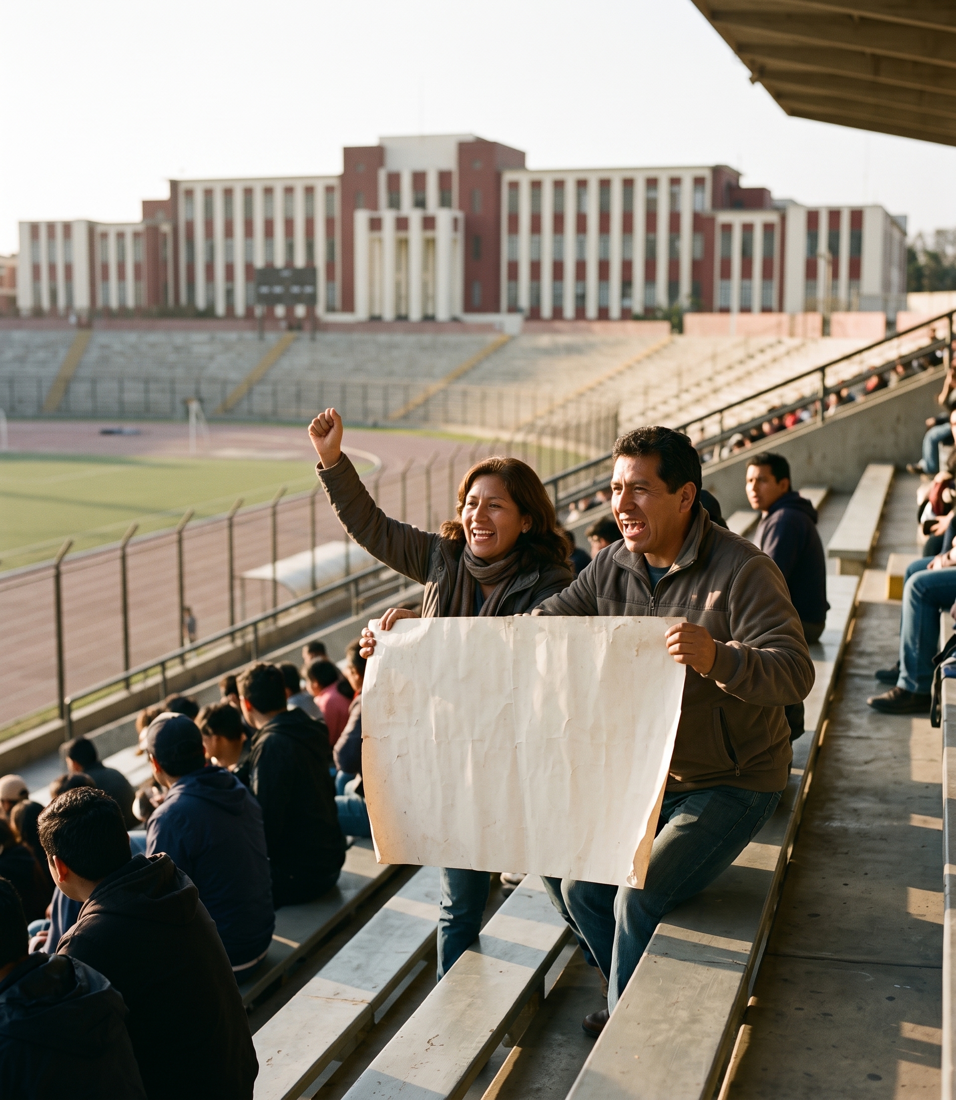 Madre y padre alentando desde la tribuna de un estadio con una banderola hecha a mano