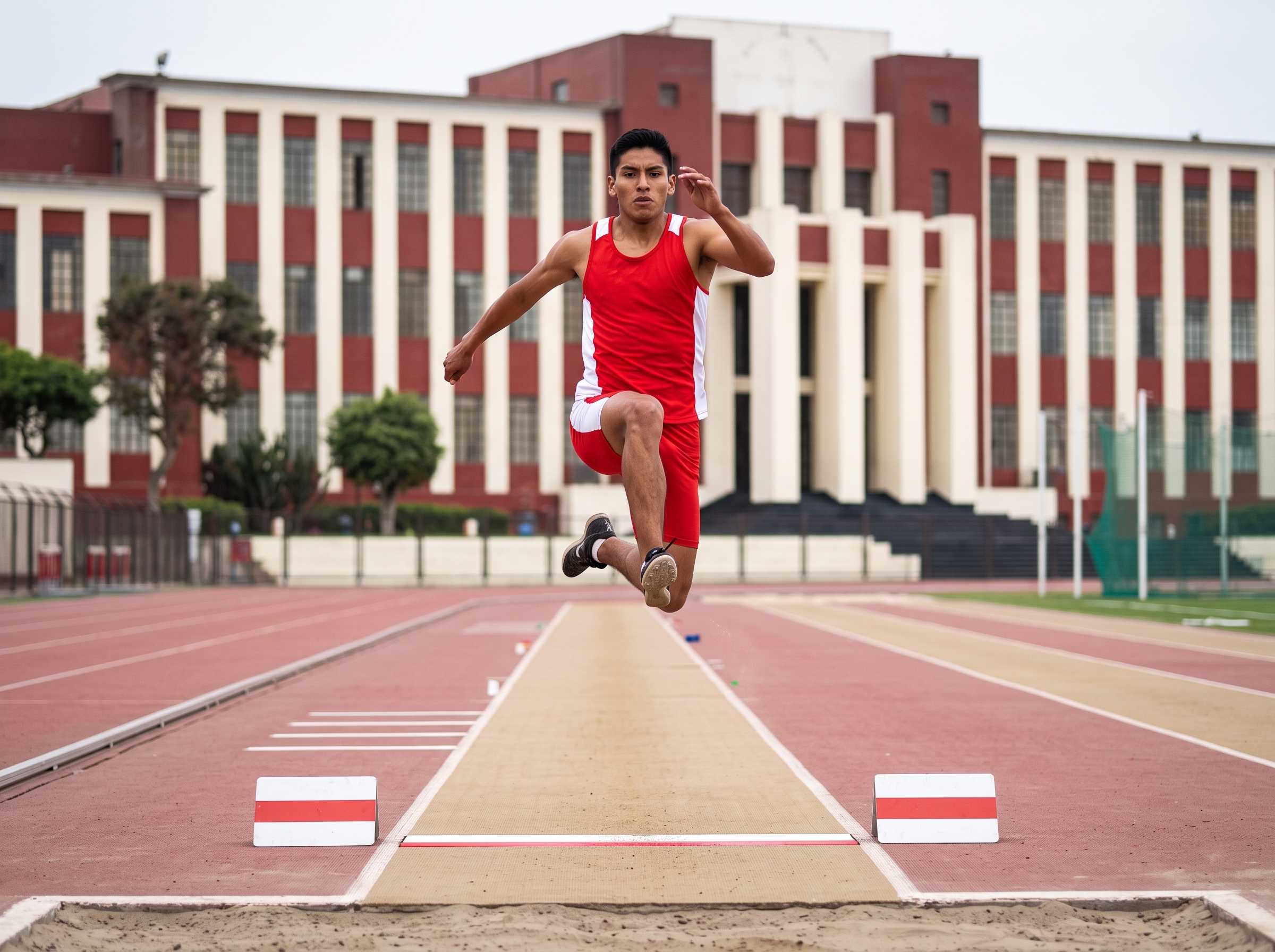 Atleta de salto triple en la fase de pique, justo después de la tabla de batida