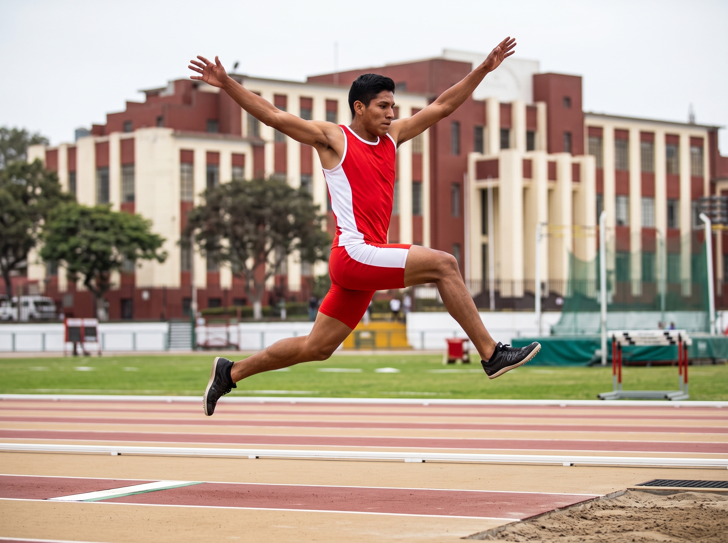 Atleta de salto triple en la fase de paso, con la pierna adelantada en el aire