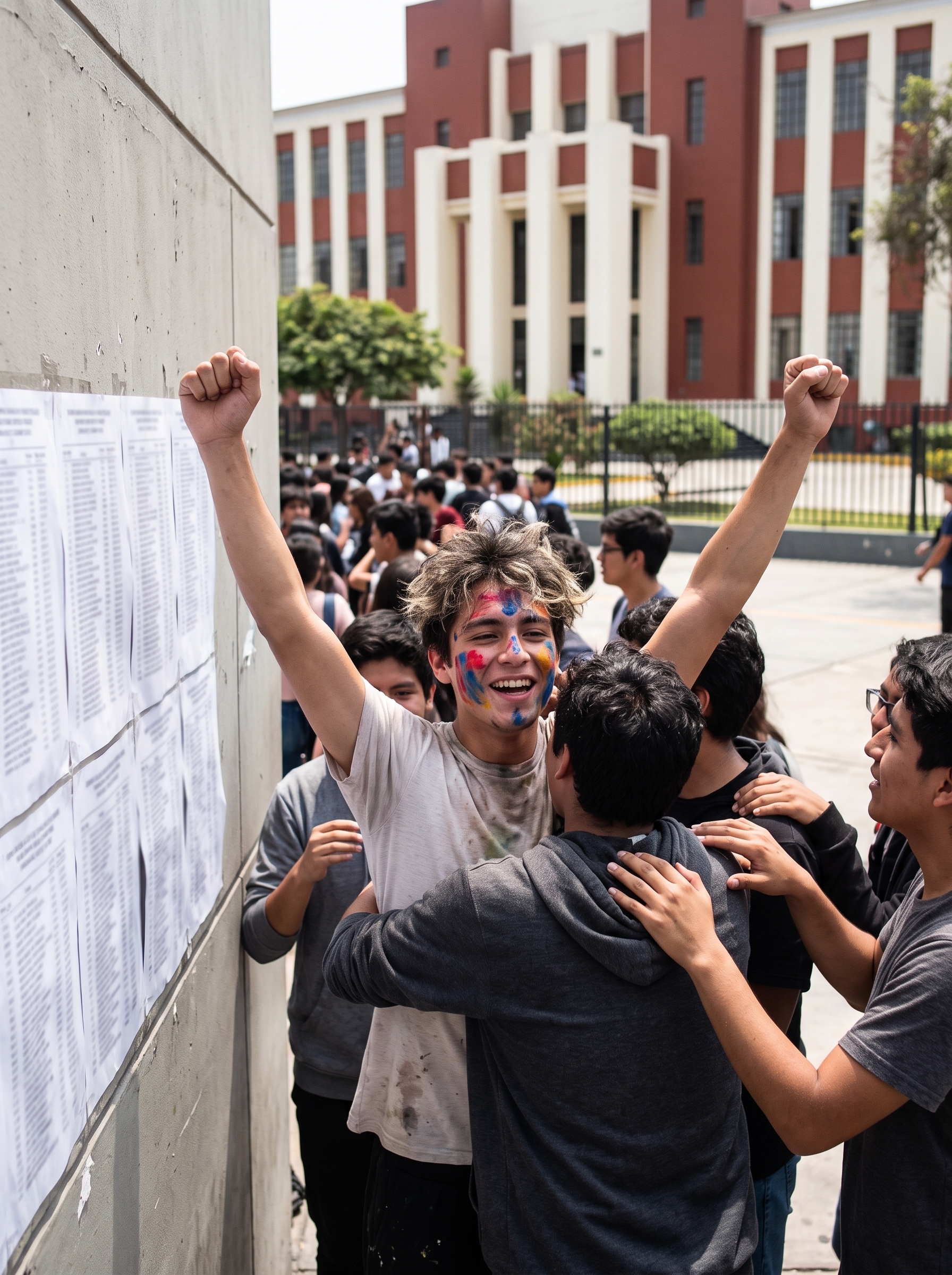 Postulante celebrando con la cara pintada frente a la lista de ingresantes
