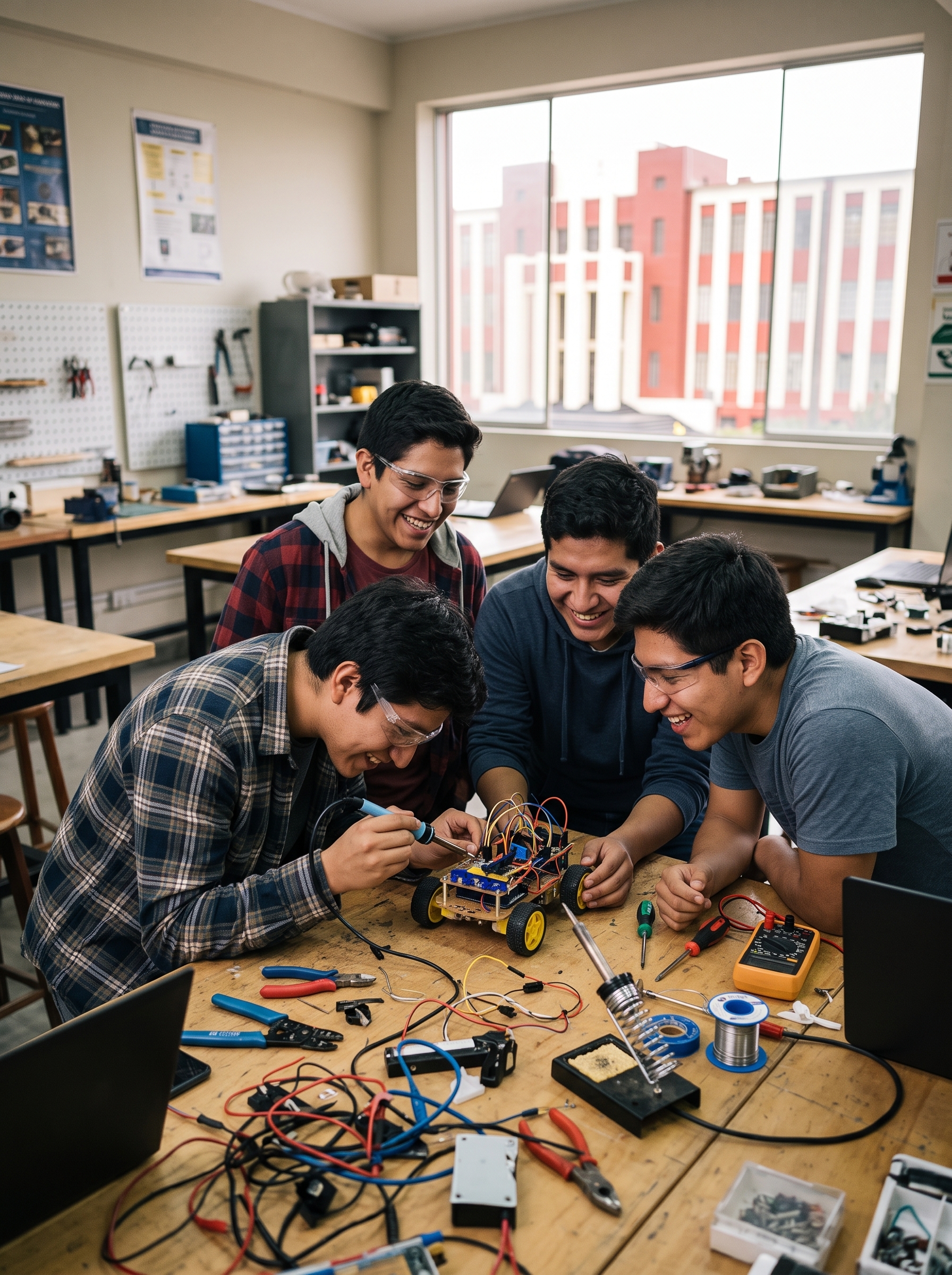 Estudiantes armando un pequeño robot sobre una mesa de taller
