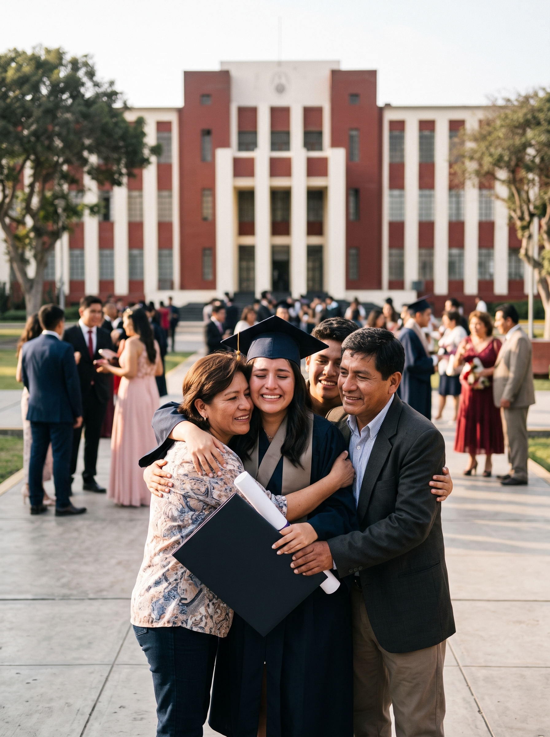 Joven recién titulada con su diploma, abrazando a su familia