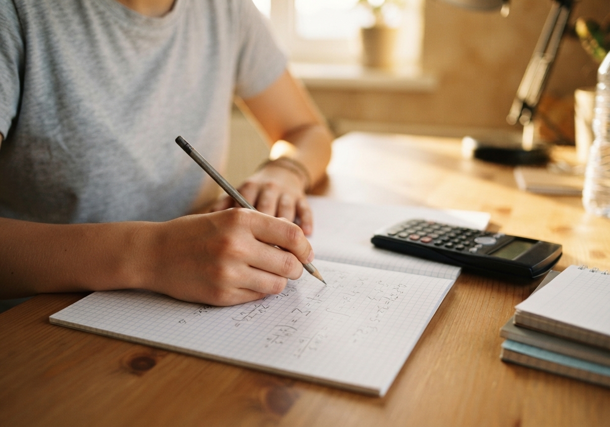 Estudiante resolviendo problemas de matemática en un cuaderno cuadriculado