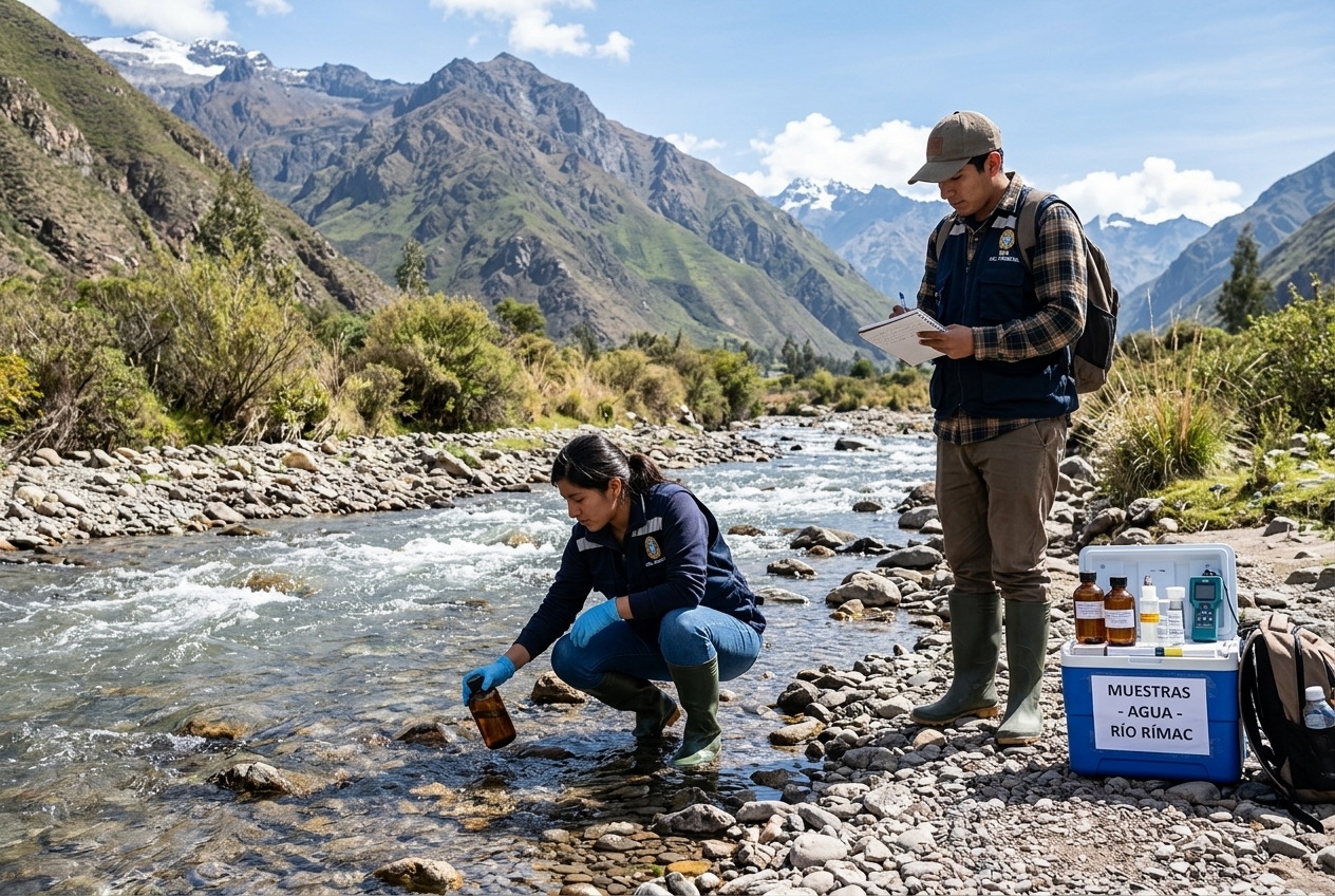 Estudiantes tomando muestras de agua en un río