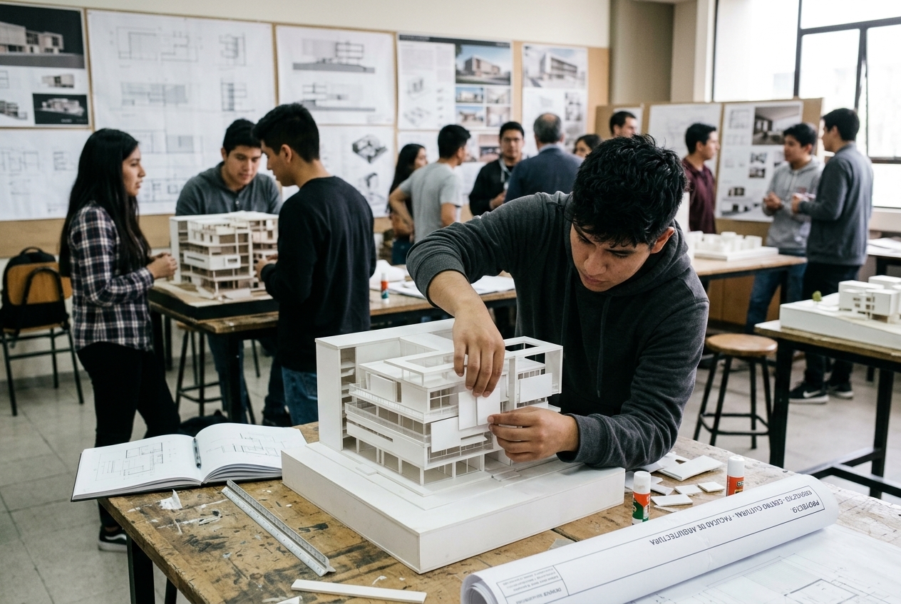 Maqueta arquitectónica blanca sobre una mesa de diseño
