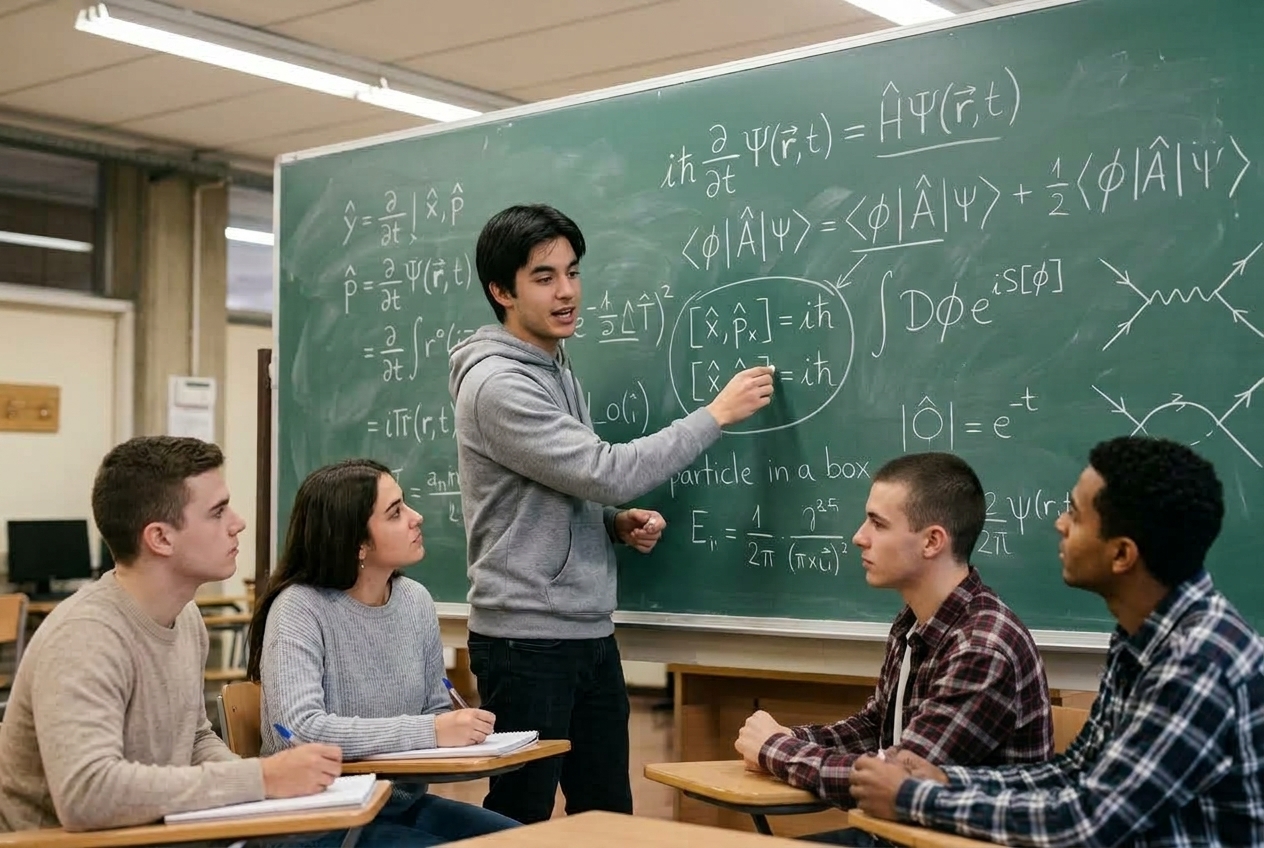 Pizarra con ecuaciones de física y una estudiante explicándolas