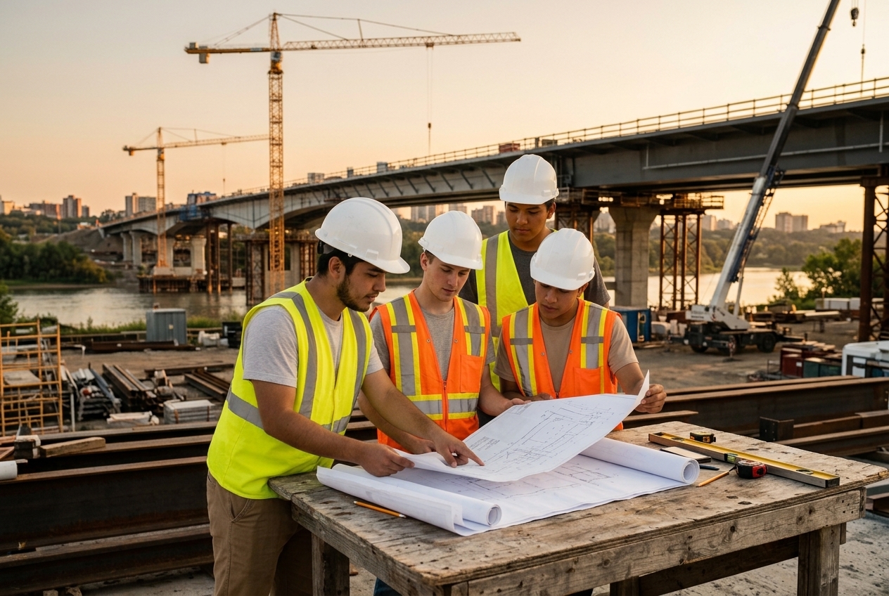 Estudiantes de ingeniería civil revisando planos en una obra de construcción