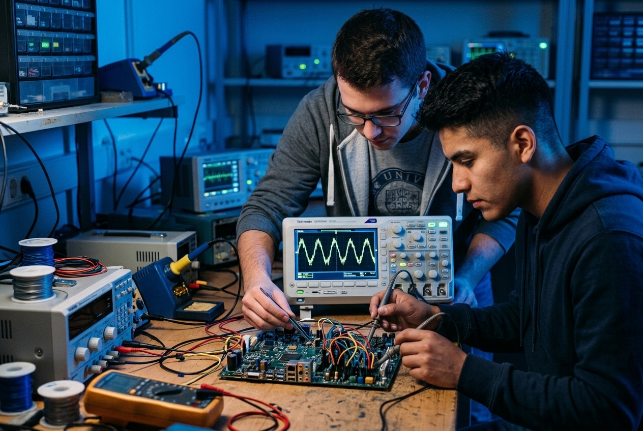 Circuito electrónico en un laboratorio con un osciloscopio encendido