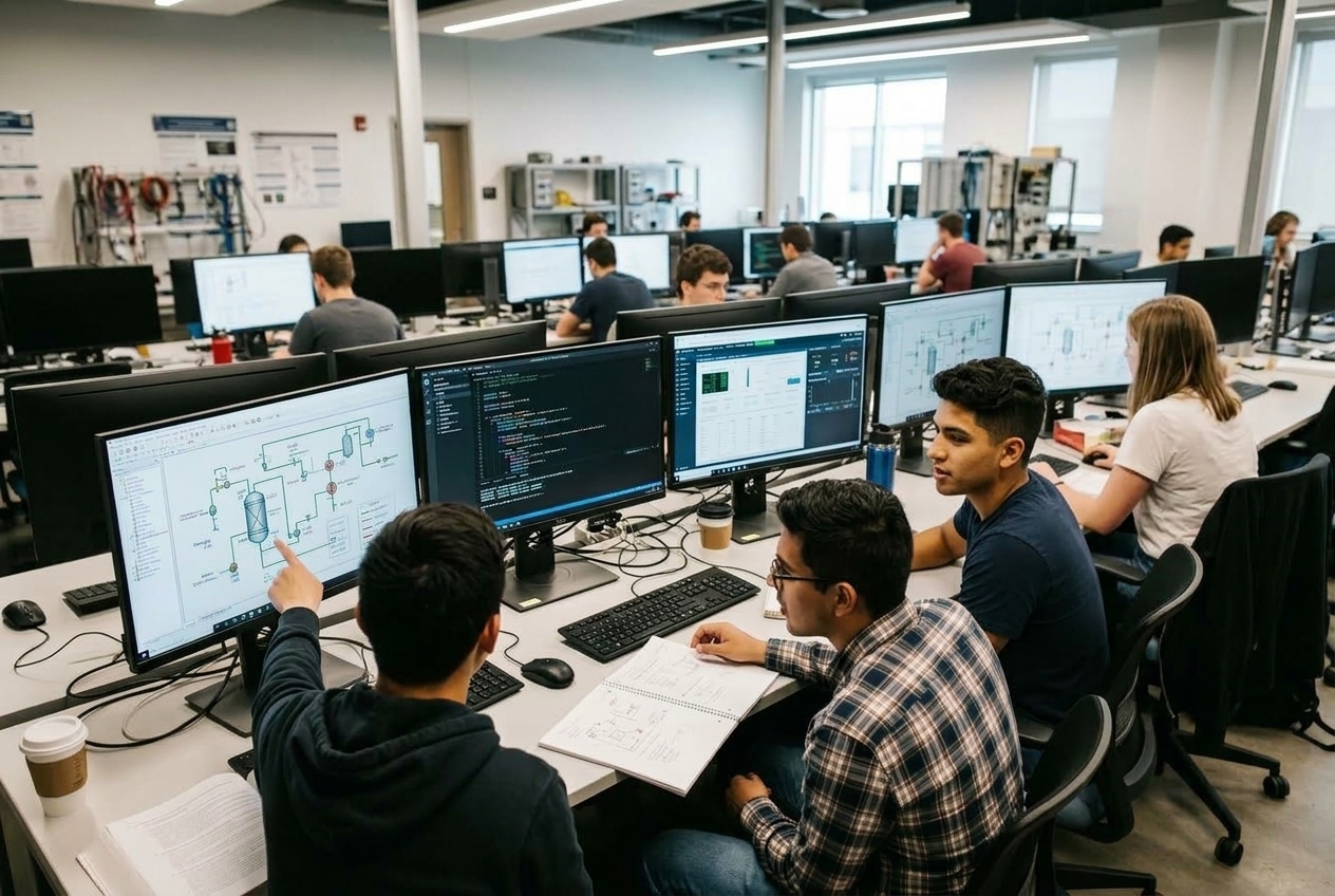 Estudiantes programando y analizando procesos en un laboratorio de cómputo