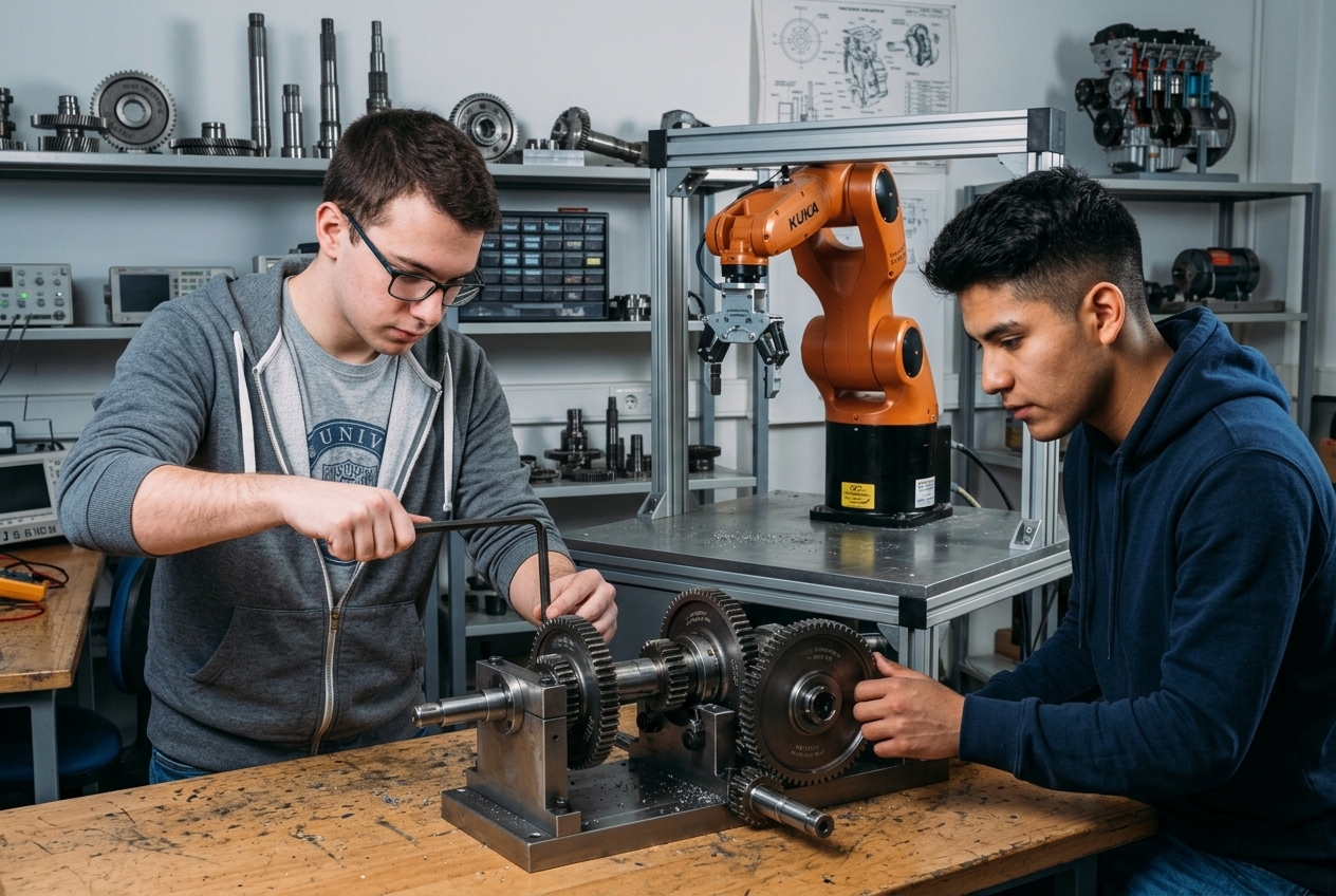 Brazo robótico y engranajes en un taller de ingeniería mecánica