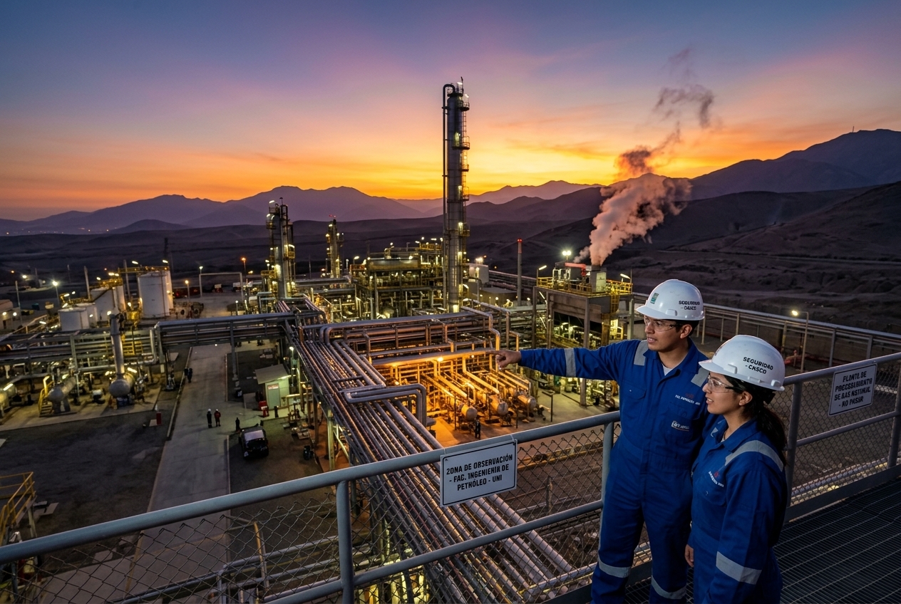 Planta de procesamiento de gas natural al atardecer