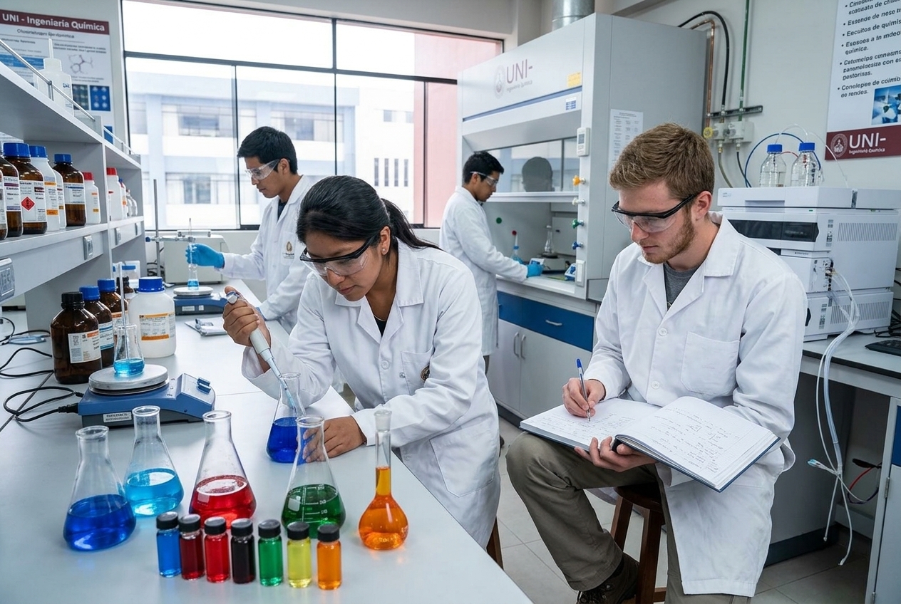 Matraces con soluciones de colores en un laboratorio de química