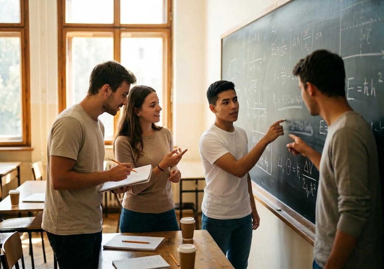 Grupo de jóvenes estudiando con una pizarra llena de fórmulas