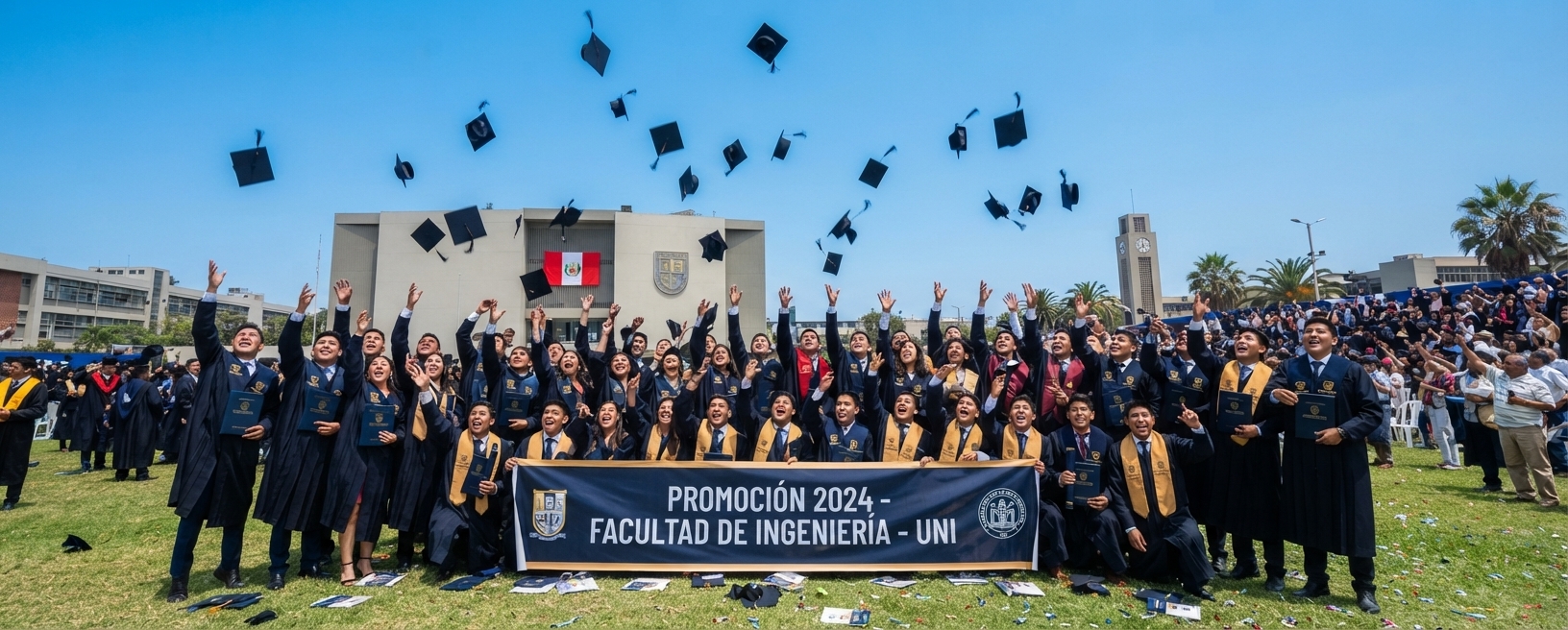 Ingenieros recién graduados lanzando sus birretes al aire