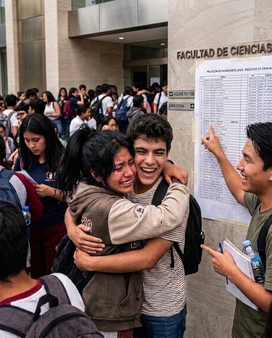 Jóvenes celebrando al encontrar su nombre en la lista de ingresantes