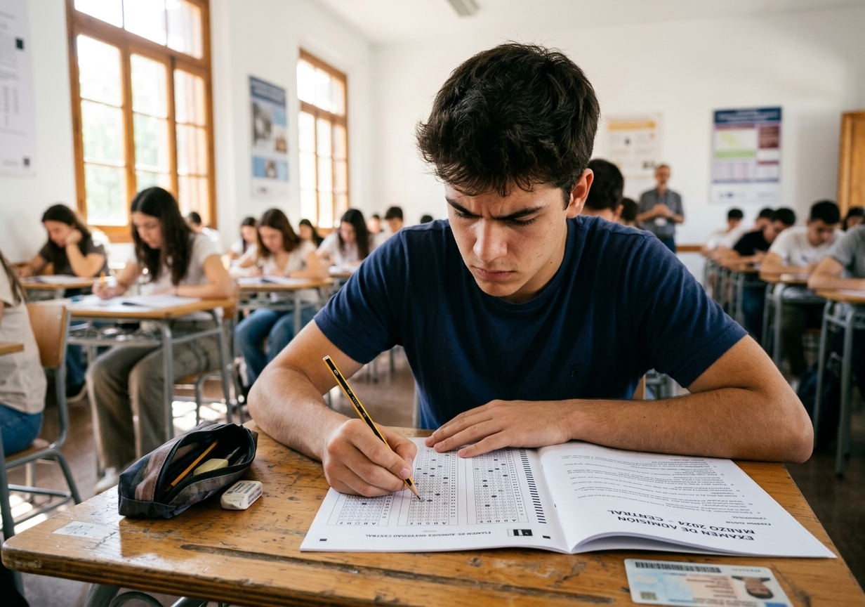 Estudiante concentrado rindiendo un simulacro con ficha óptica