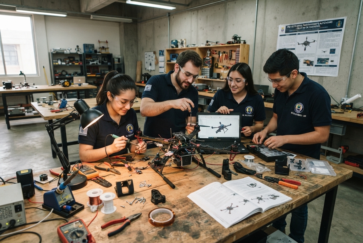 Equipo de estudiantes construyendo un prototipo en un taller