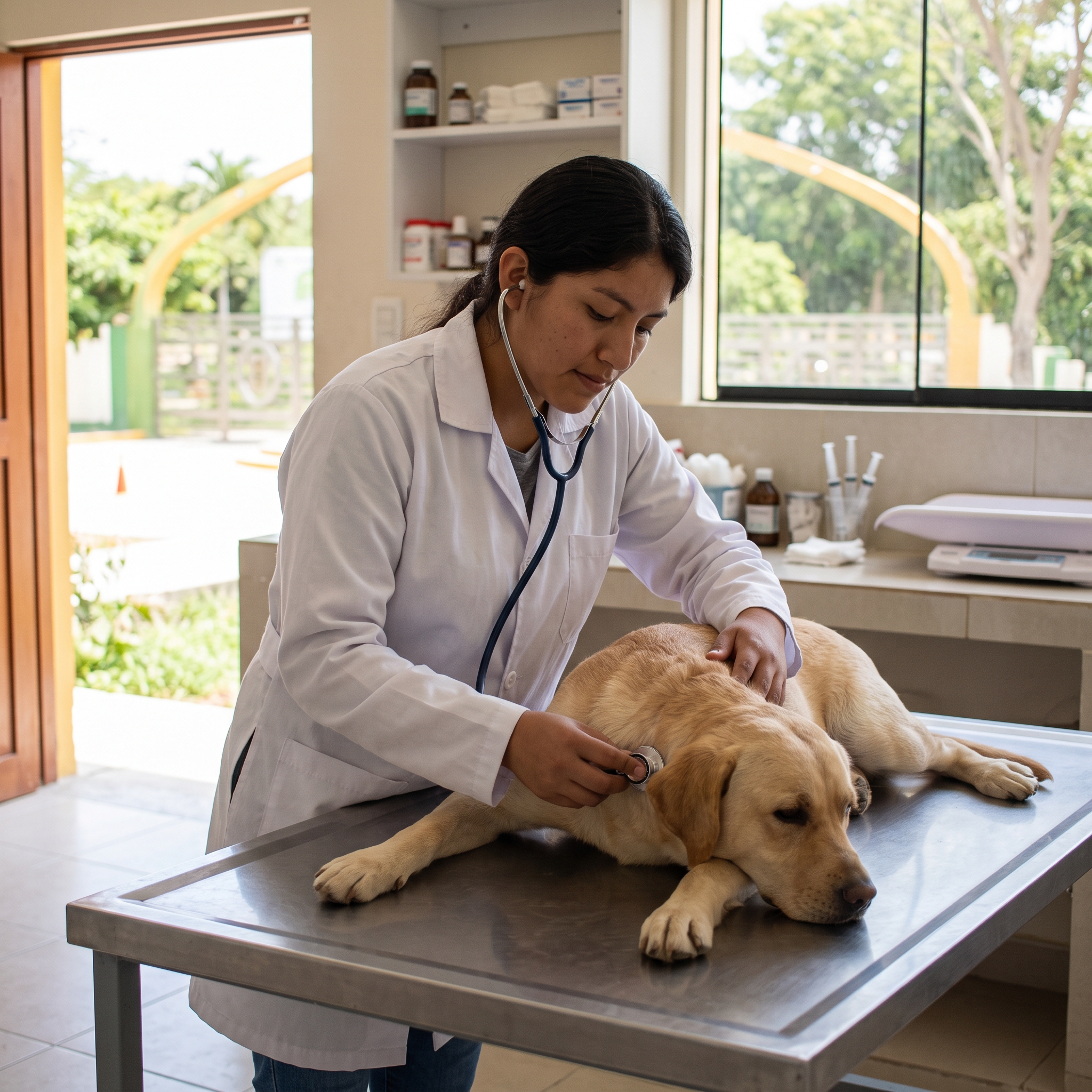 Estudiante de medicina veterinaria auscultando con un estetoscopio a un perro labrador sobre una mesa de consulta