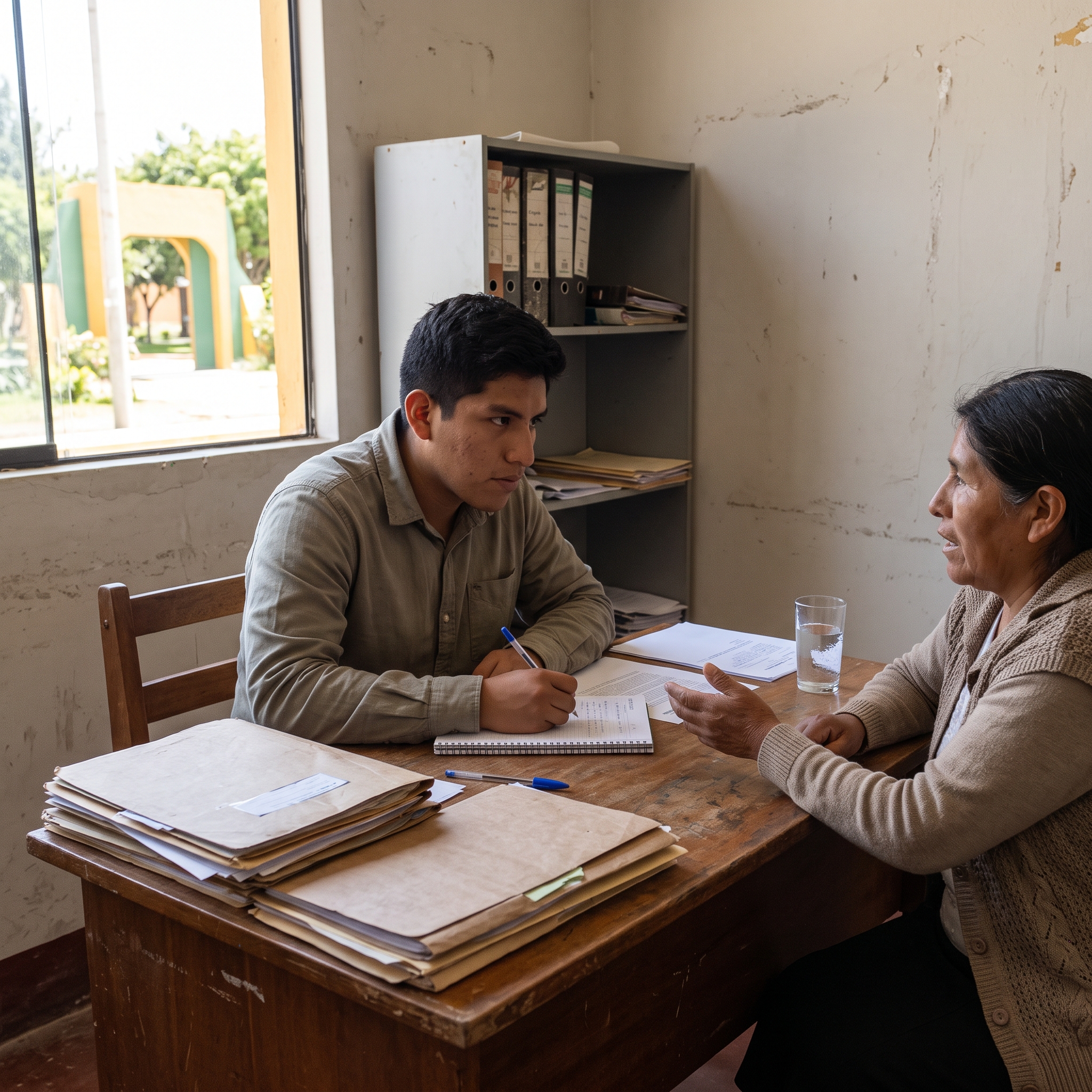 Estudiante de derecho tomando notas mientras escucha a una señora en un consultorio jurídico gratuito