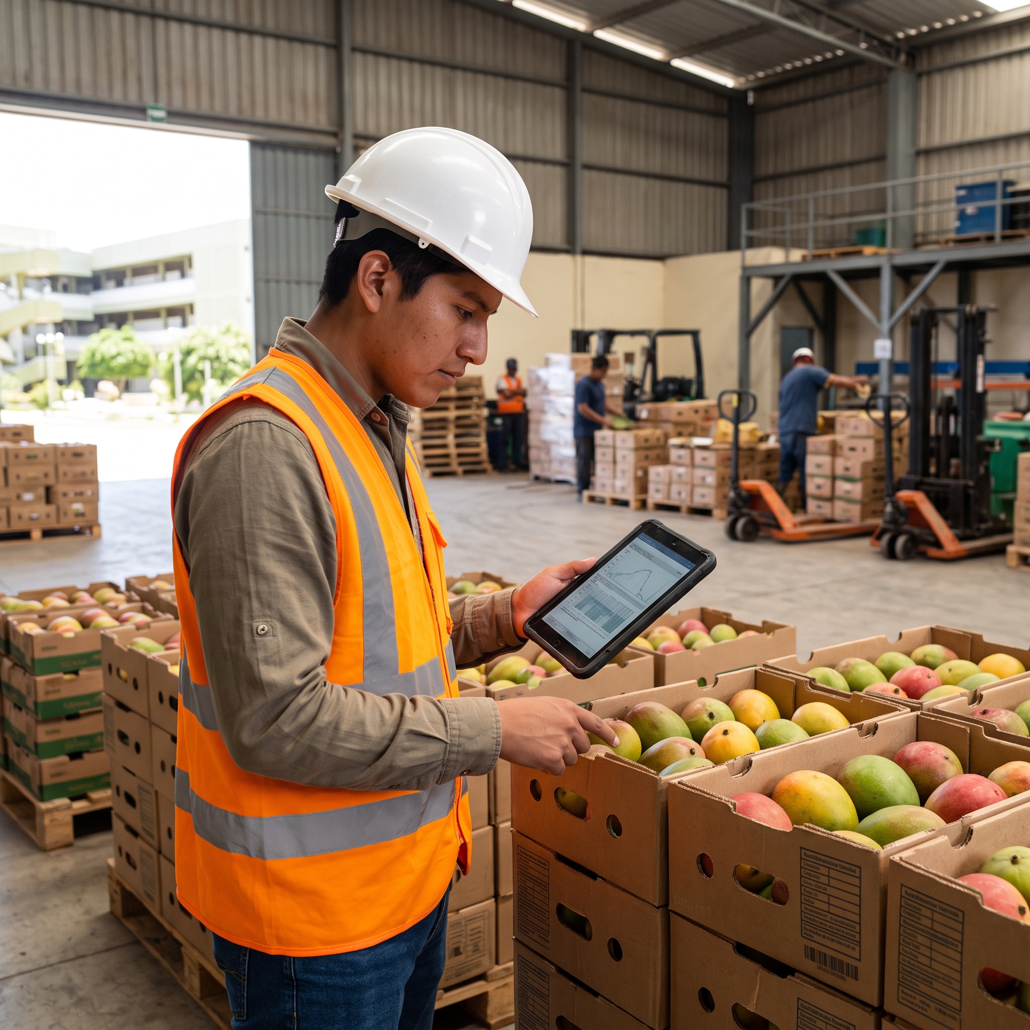 Estudiante de comercio internacional revisando cajas de mangos listas para exportar en un almacén