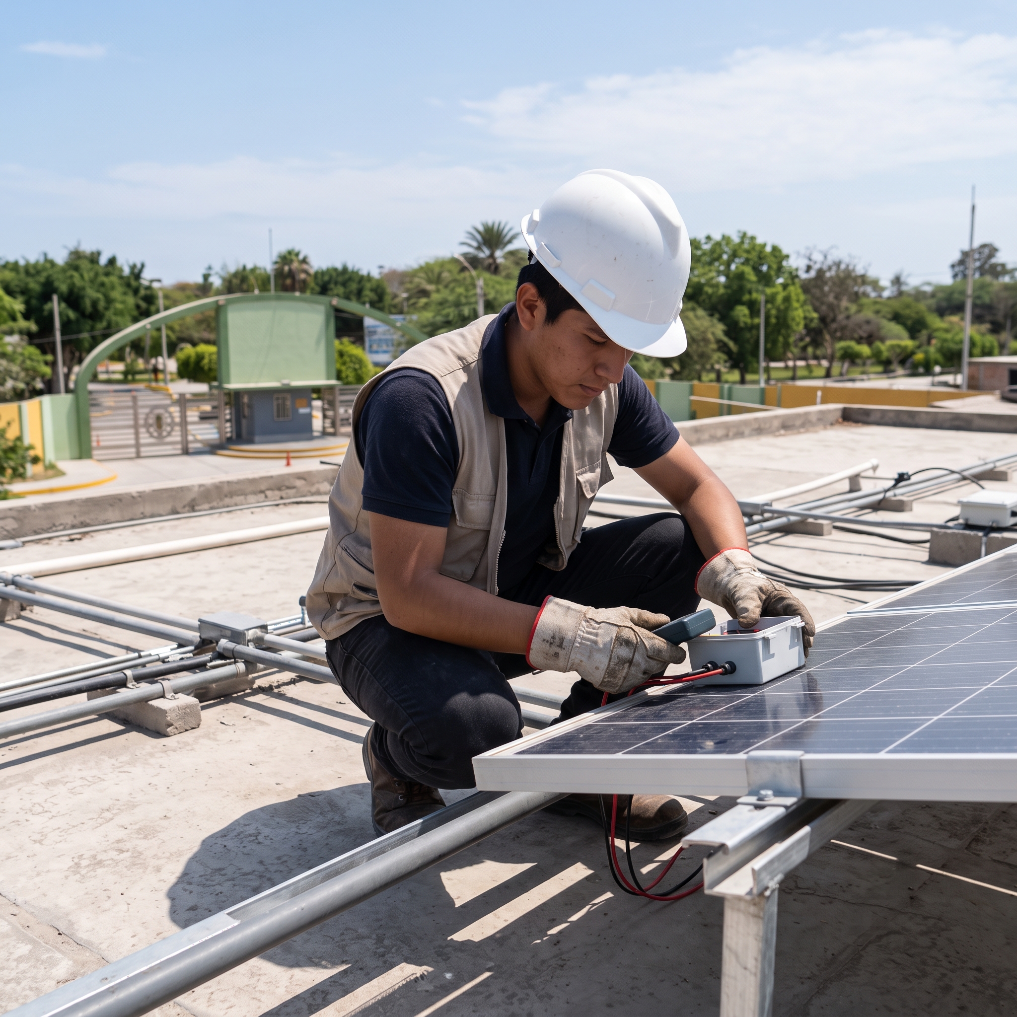Estudiante con casco y guantes revisando las conexiones de un panel solar en un techo