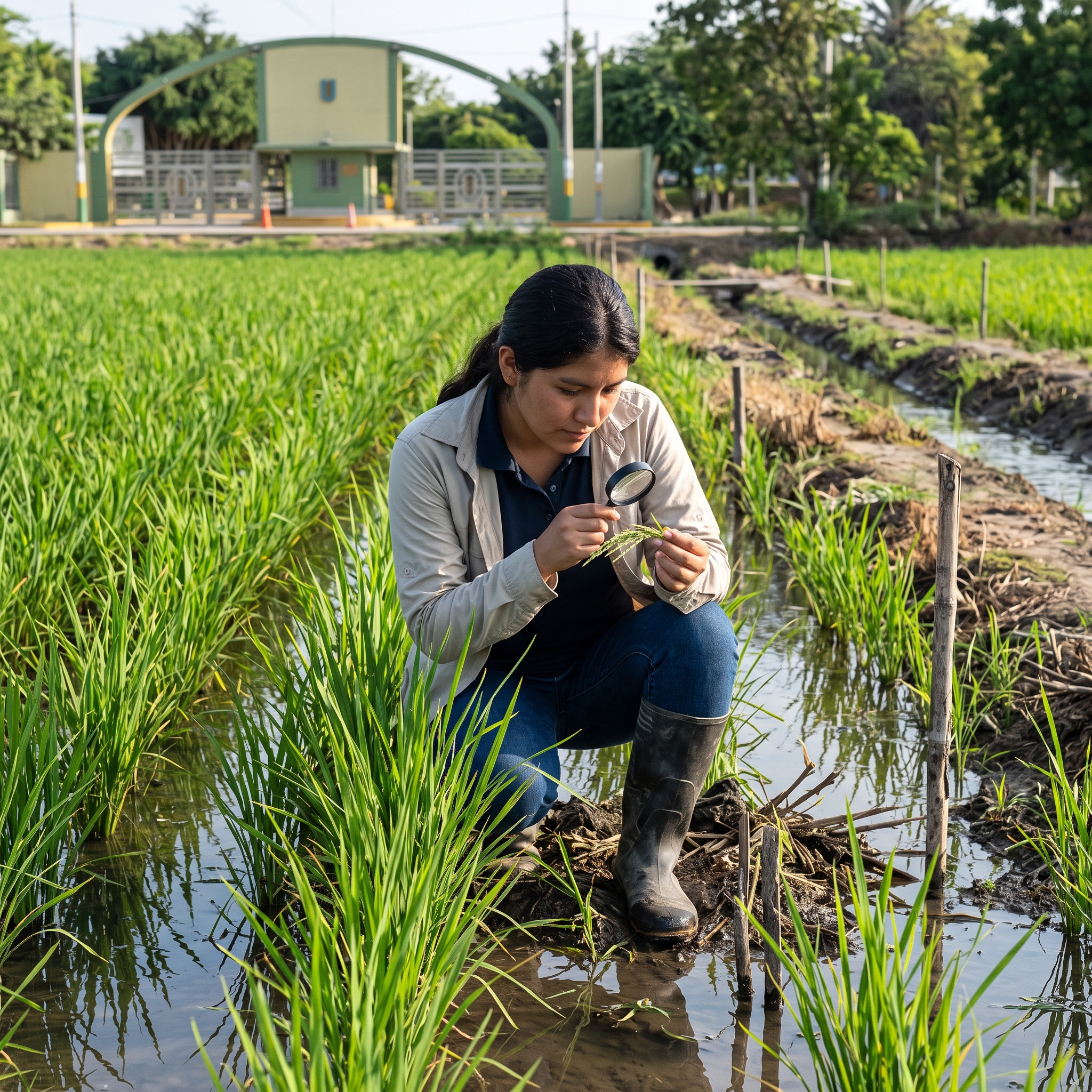 Estudiante de agronomía revisando con una lupa las espigas de un campo de arroz