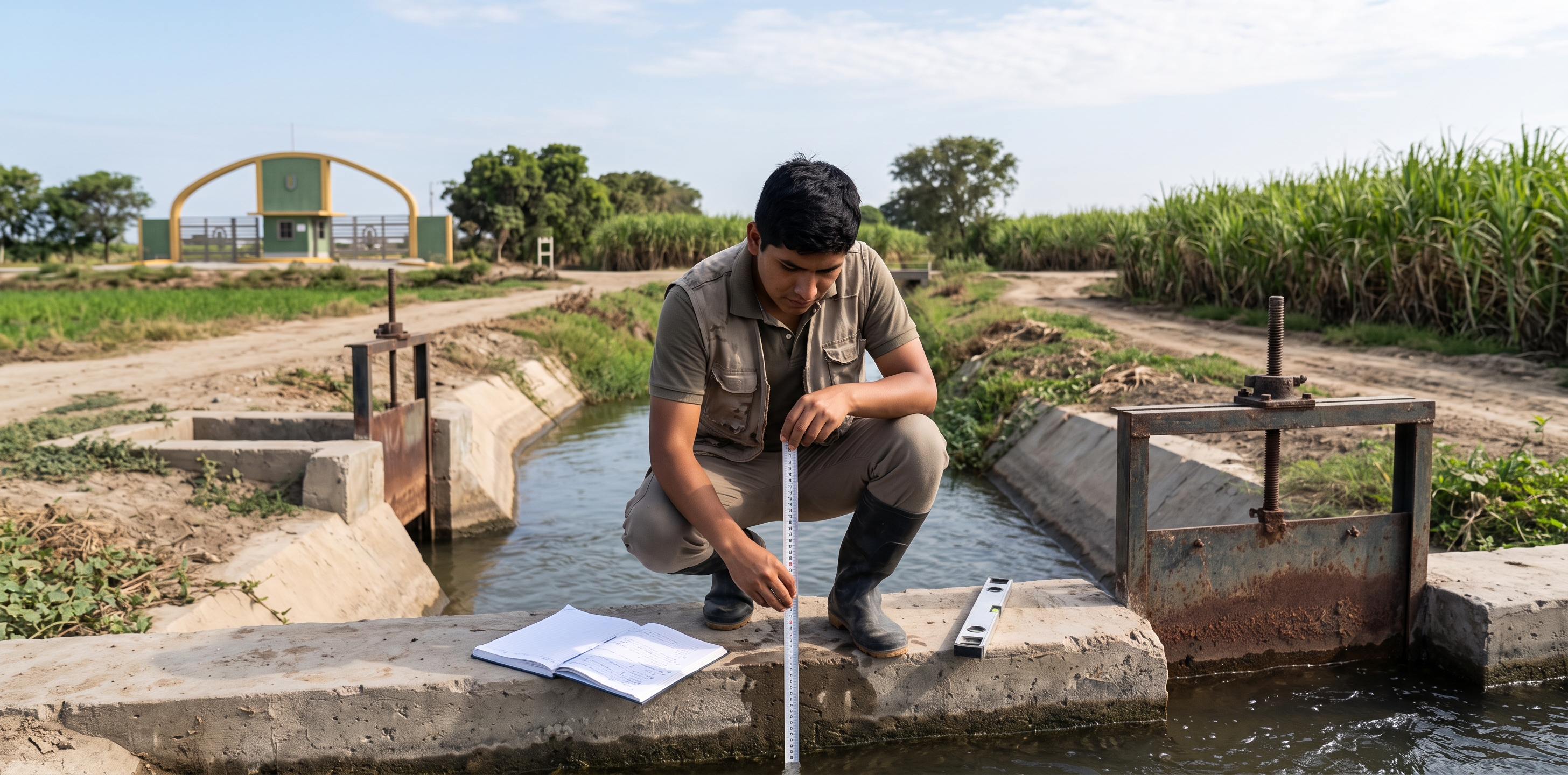 Estudiante de ingeniería agrícola con botas midiendo el nivel del agua en la compuerta de un canal de riego, con cañaverales al fondo