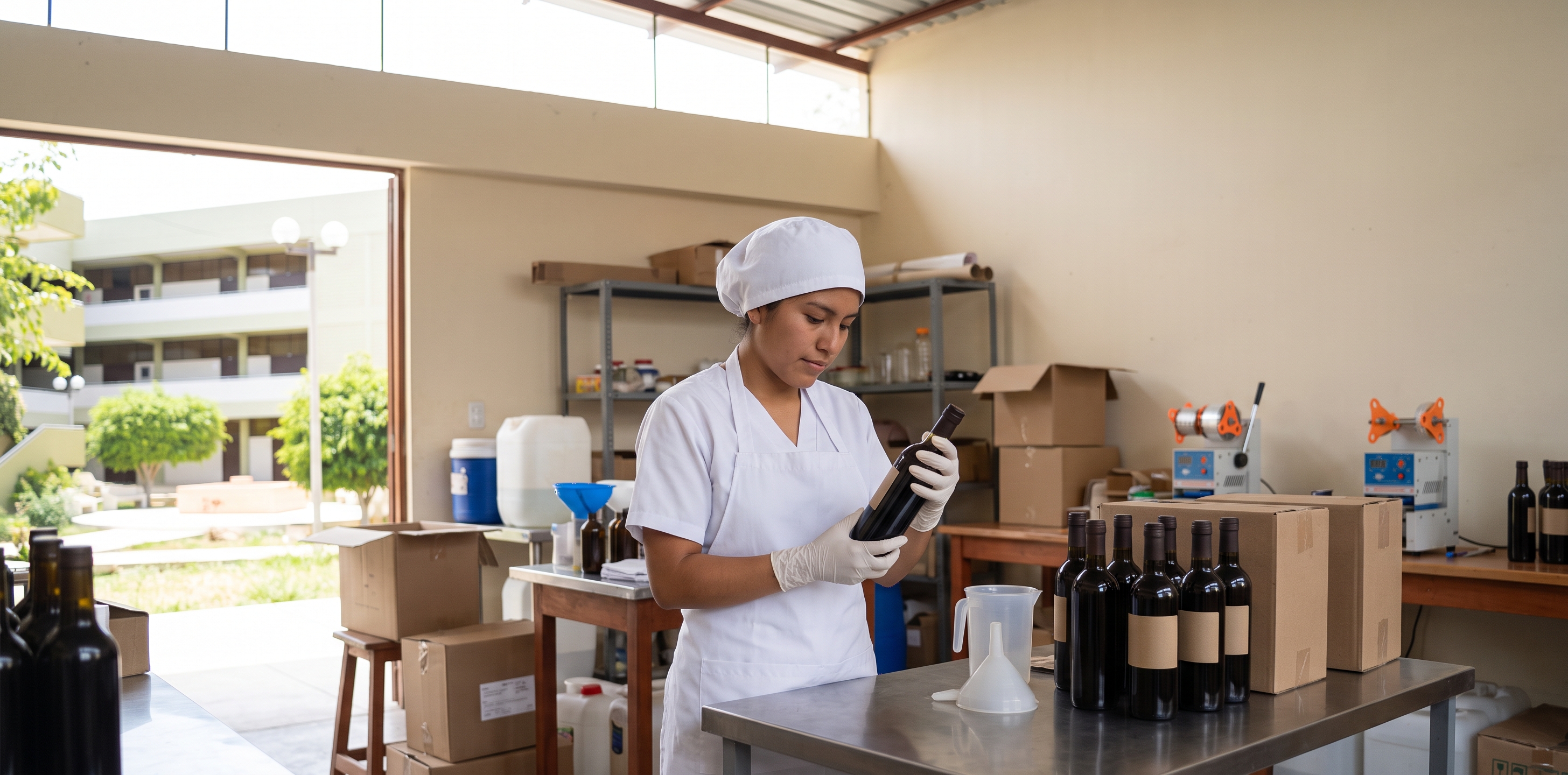 Estudiante de industrias alimentarias con cofia y mandil revisando botellas de algarrobina en una planta de envasado