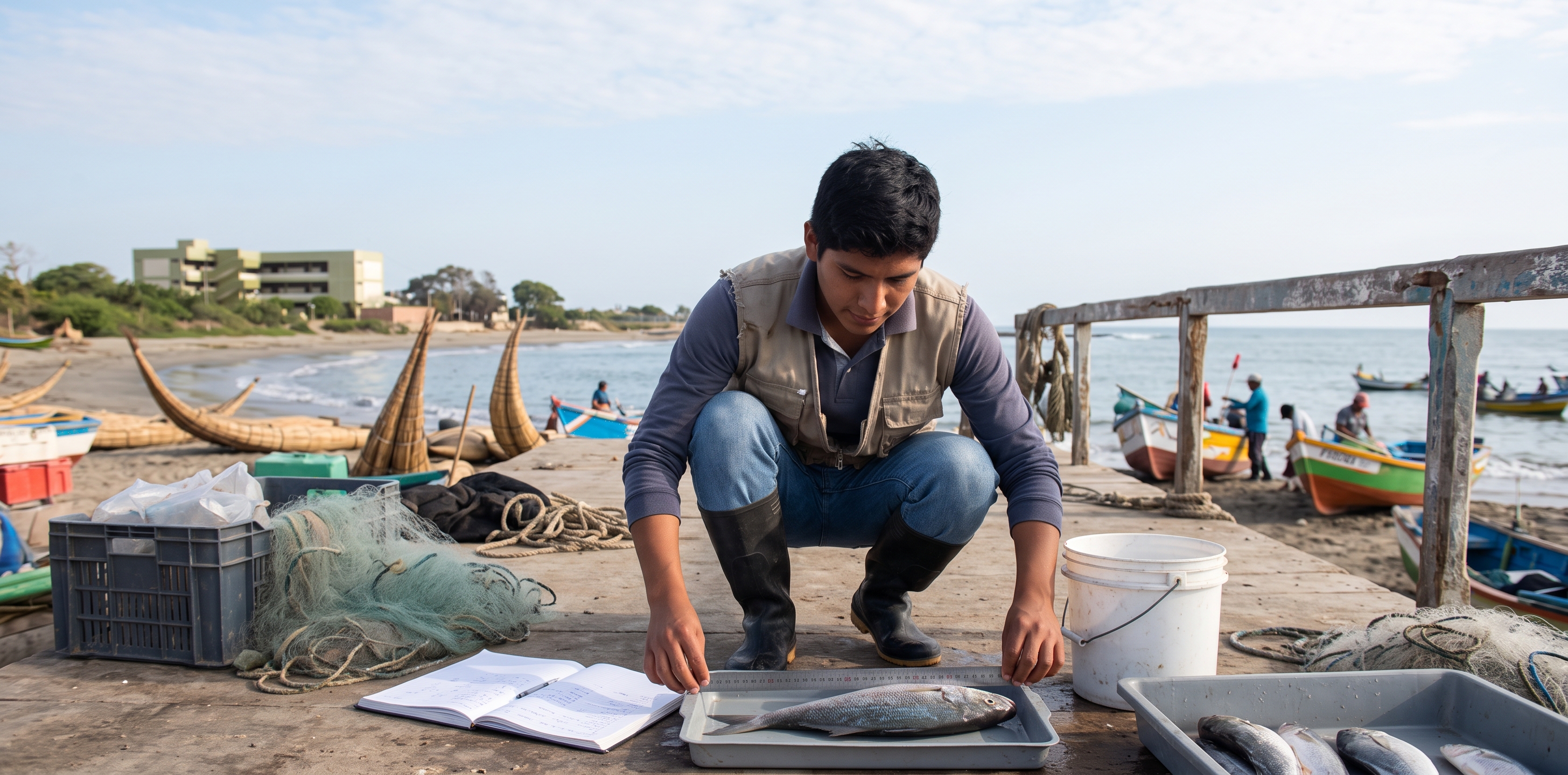 Estudiante de pesquería con botas de jebe midiendo un pescado con una regla en un muelle artesanal, con caballitos de totora al fondo