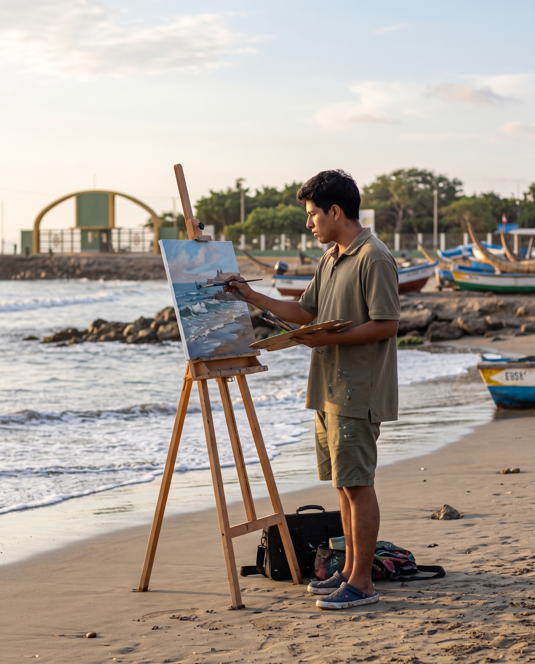 Estudiante de artes plásticas pintando el mar en un lienzo sobre un caballete, en la orilla, con la paleta en la mano