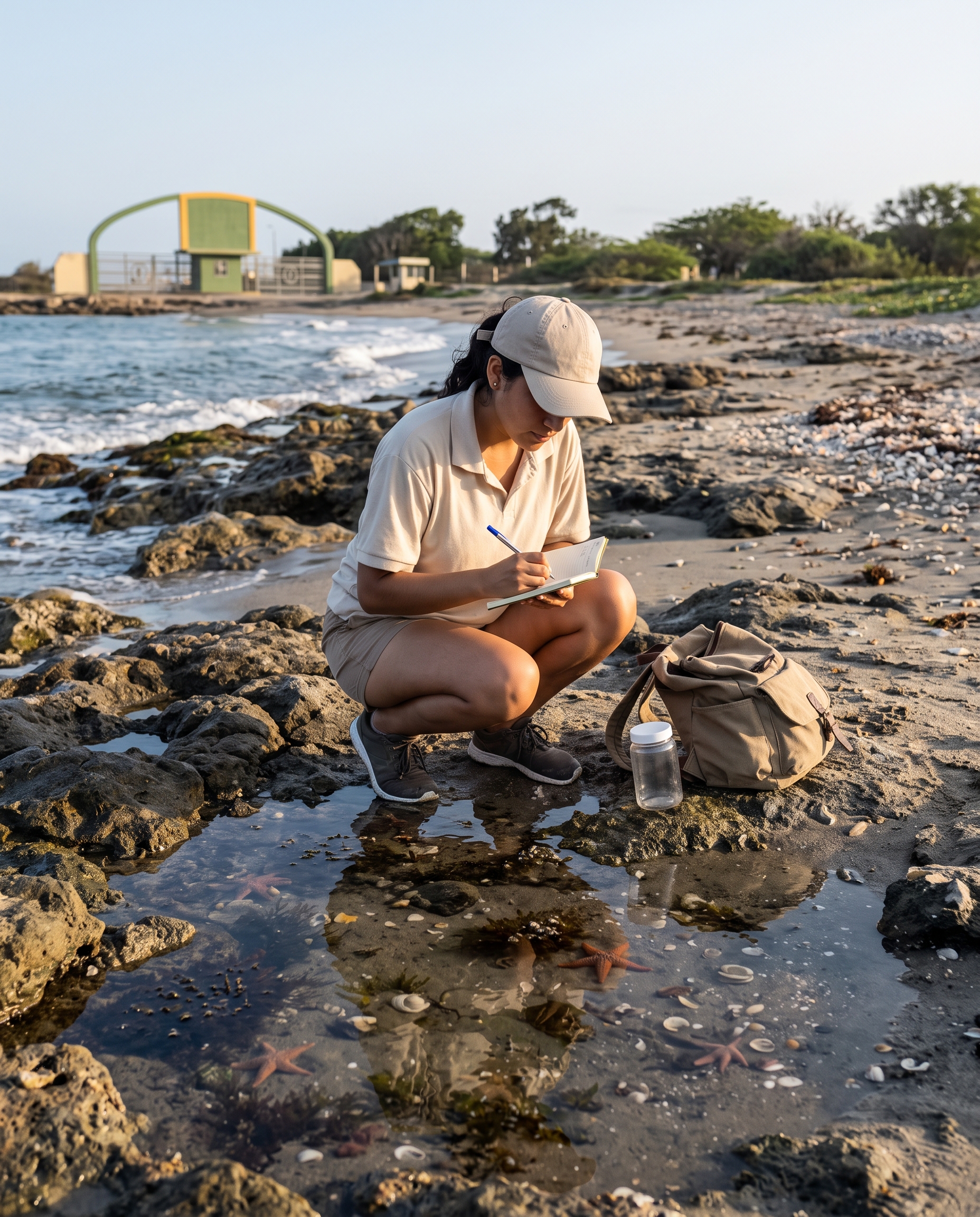 Estudiante de biología anotando en su cuaderno de campo junto a una poza de marea con estrellas de mar, entre rocas